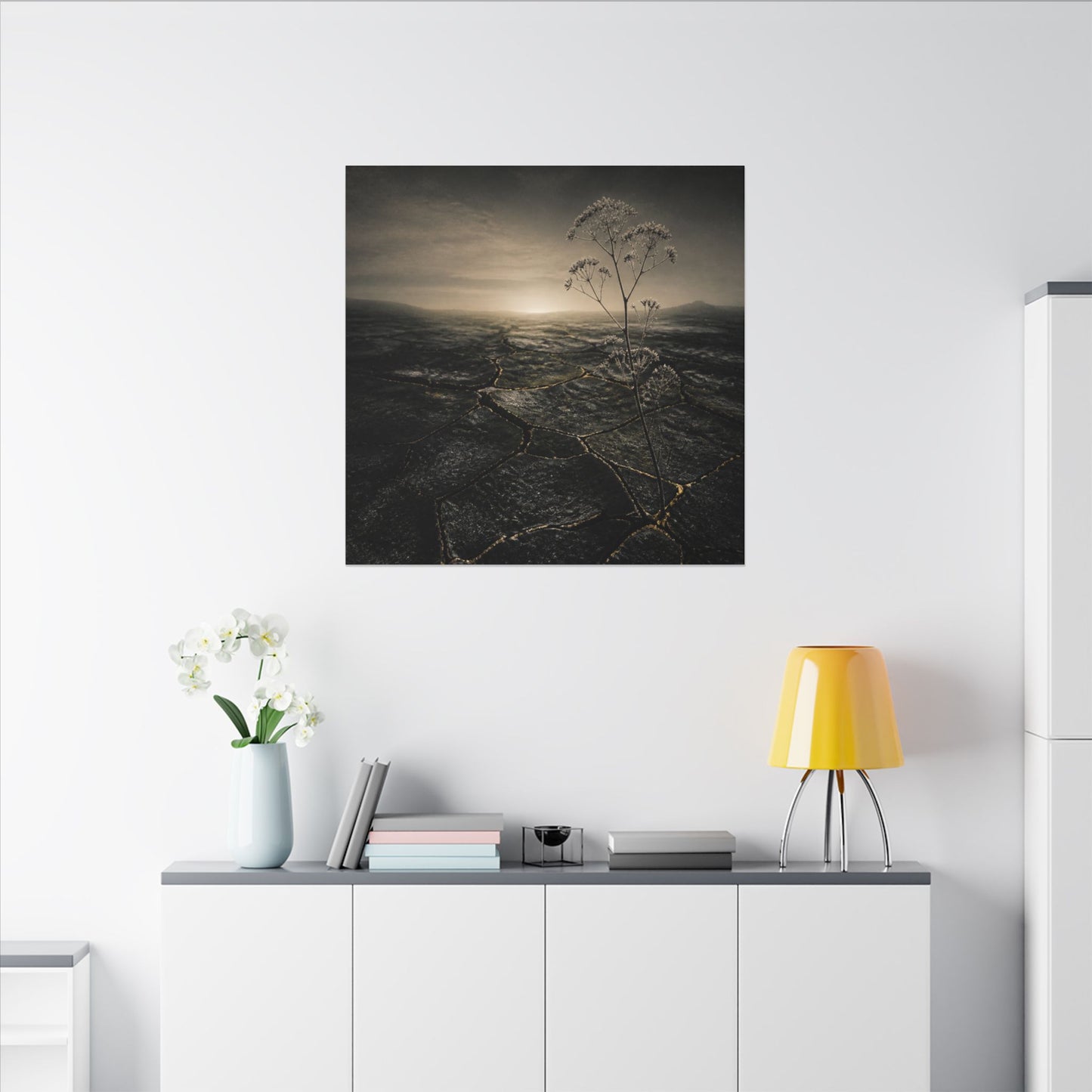 Dawn Cracked Earth Canvas Art - Dark Japandi Mono No Aware