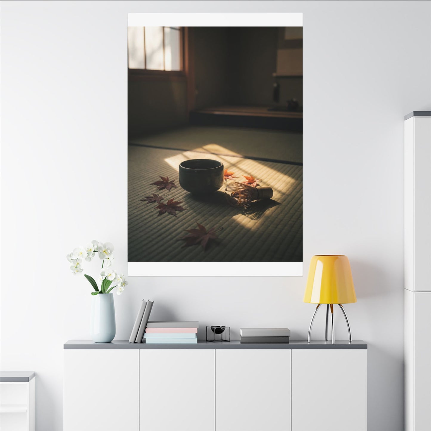 Dark Japandi Tea Ceremony in Golden Hour | Moody Minimal Canvas Art