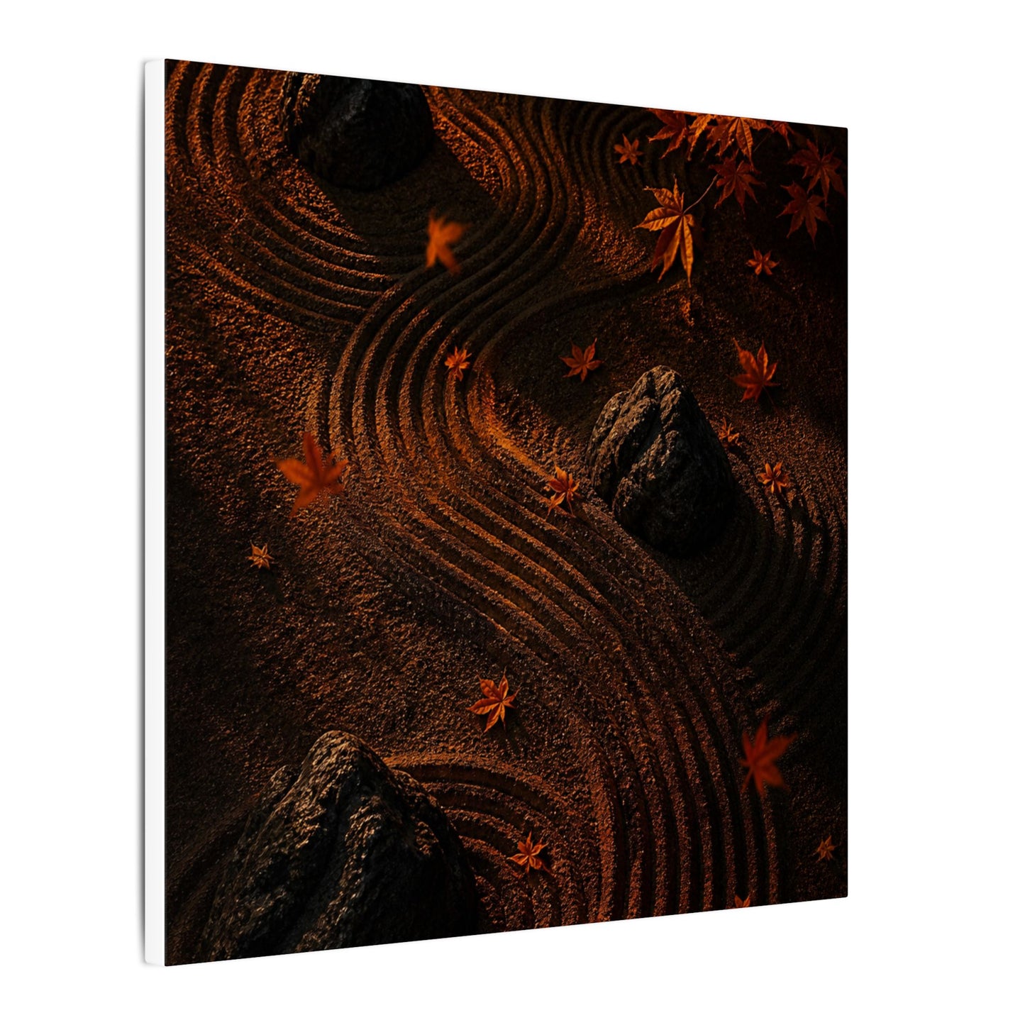 Dark Japandi Rock Garden in Golden Hour | Charcoal Ink Canvas Art