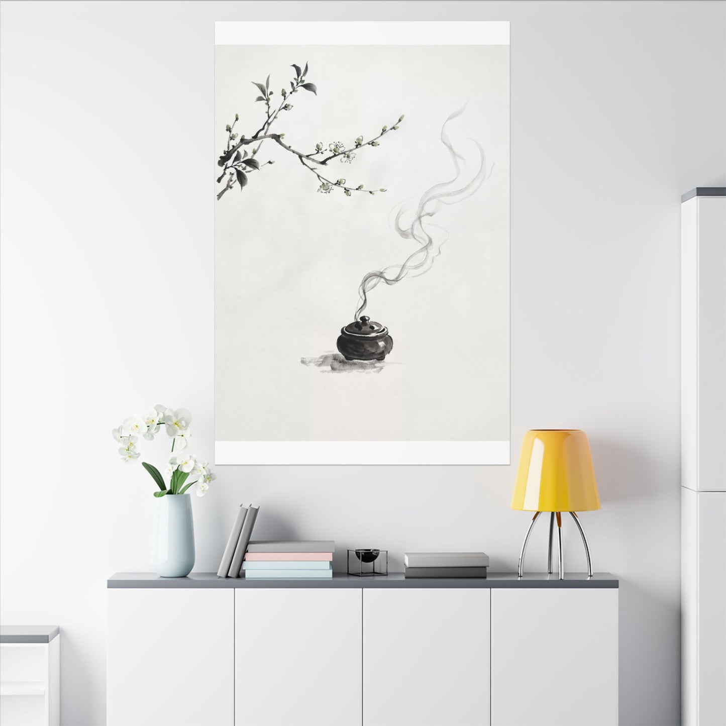 Calm Incense Smoke Canvas Art - Sumi E Zen