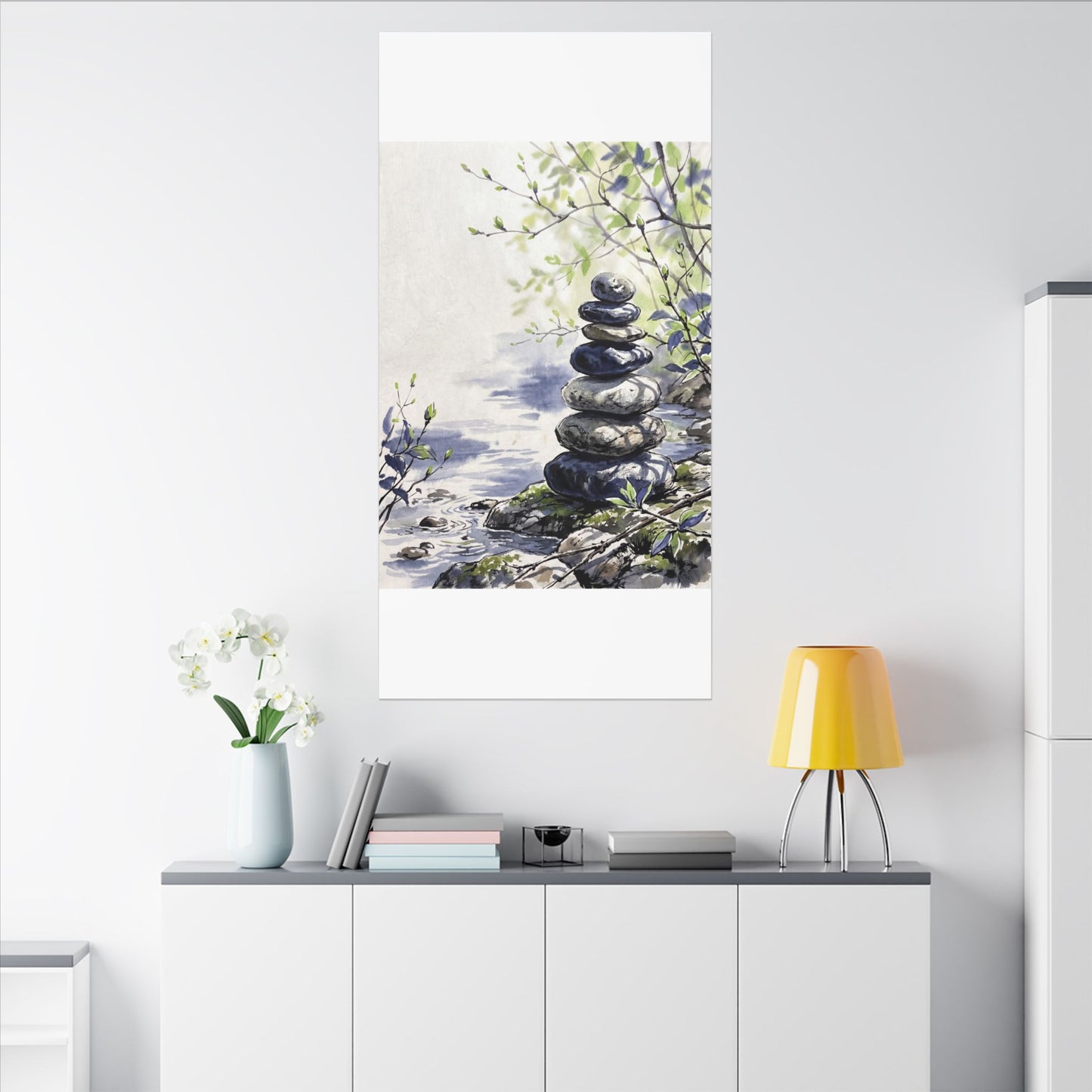 River Stones Sumi E Canvas Art | Serene Zen Art