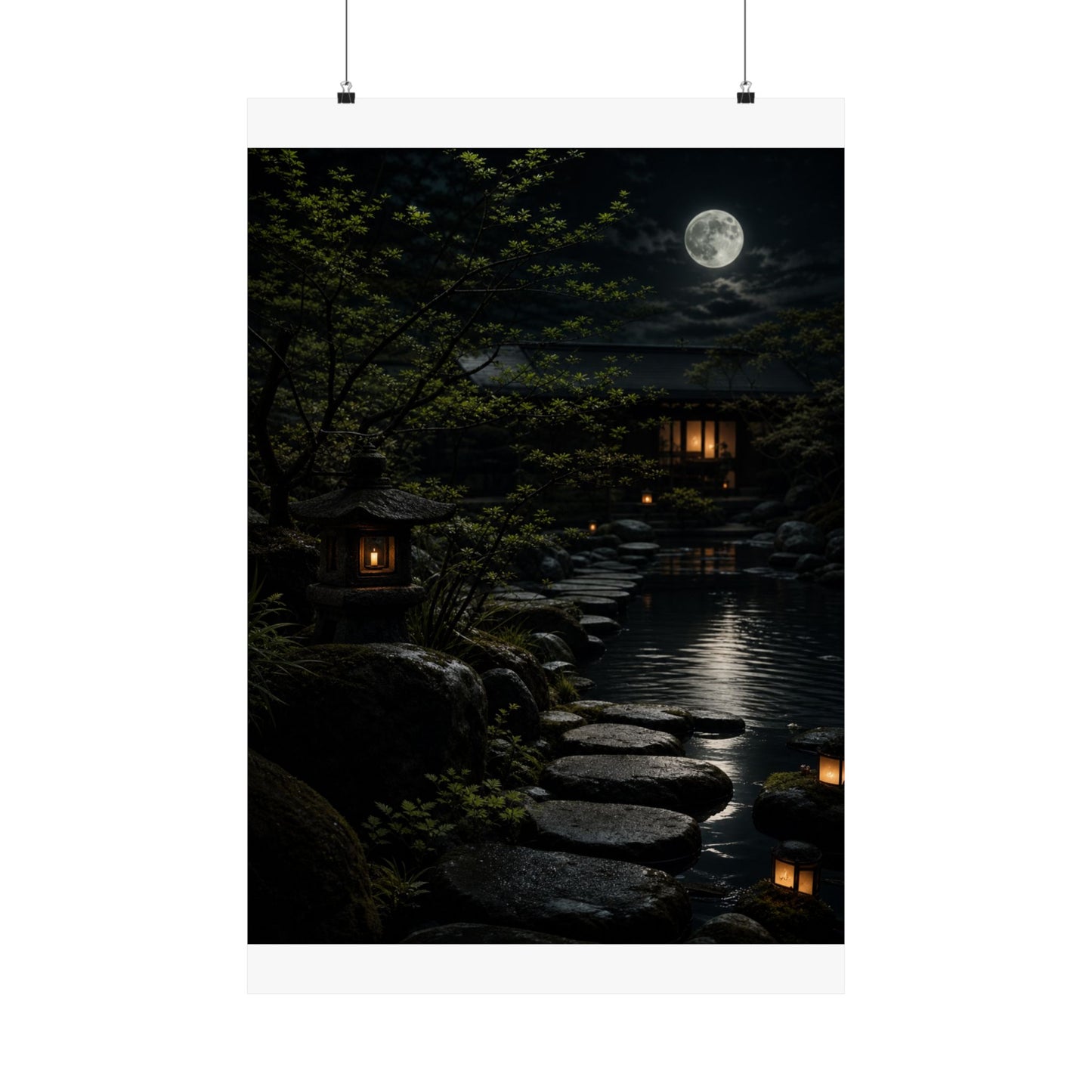 Ma Moonlit Garden Wall Art Print - Dark Japandi Shadow Zen