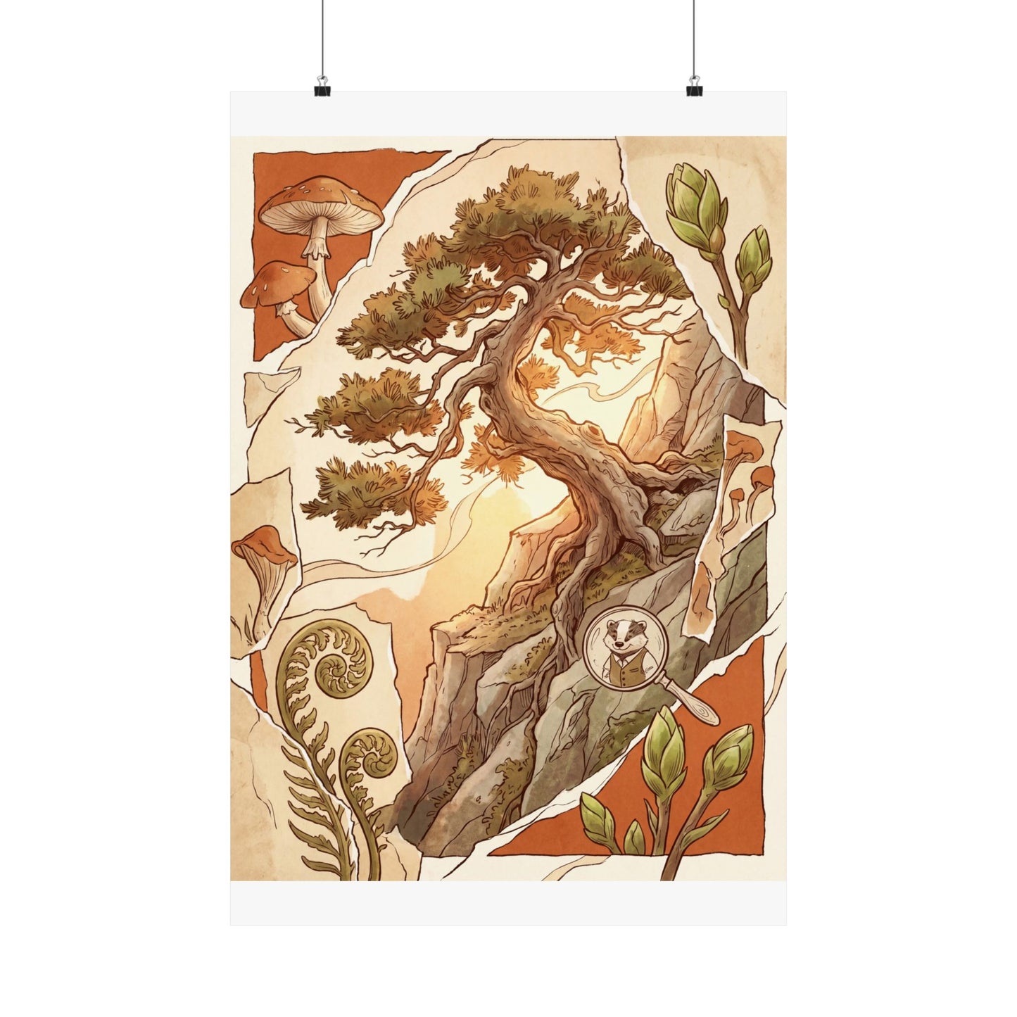 Spring Pine Tree Mushroom Illustration Wall Art Print | Cozy Decor