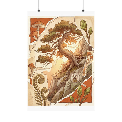 Spring Pine Tree Mushroom Illustration Wall Art Print | Cozy Decor