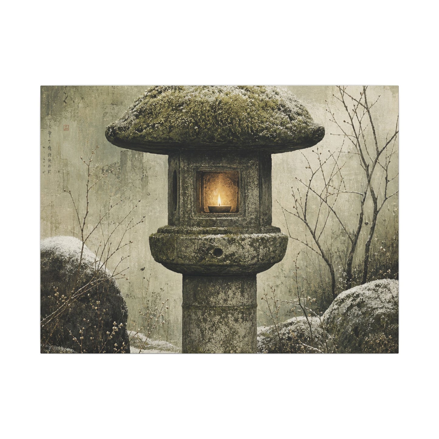 Stone Lantern Winter Canvas Art | Japandi Neutral Design