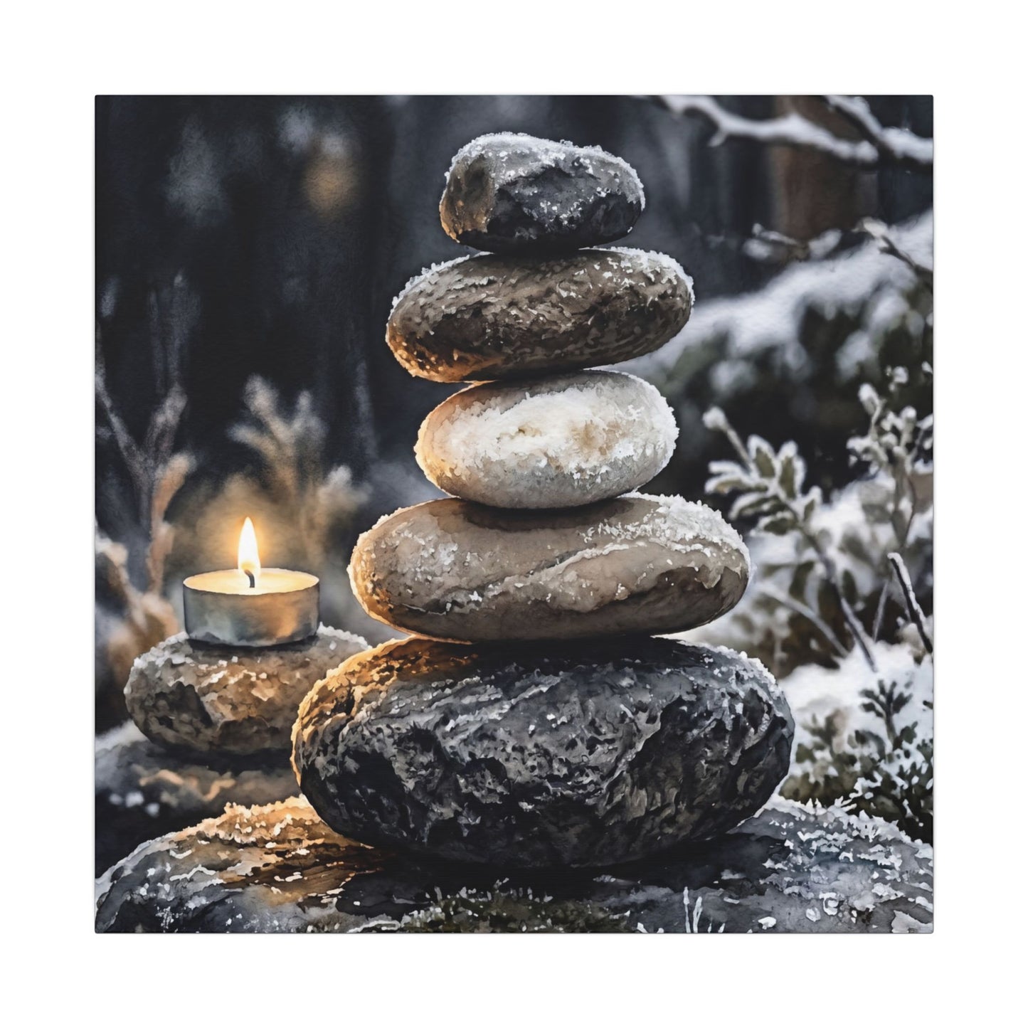 River Stones Canvas Art | Winter Japandi Watercolor Art
