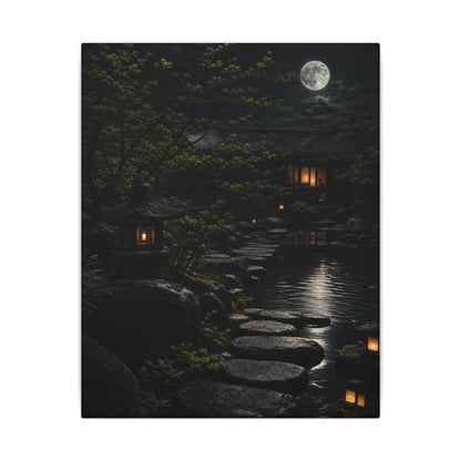 Moonlit Garden Shadow Zen Canvas Art | Sophisticated Dark Japandi Art
