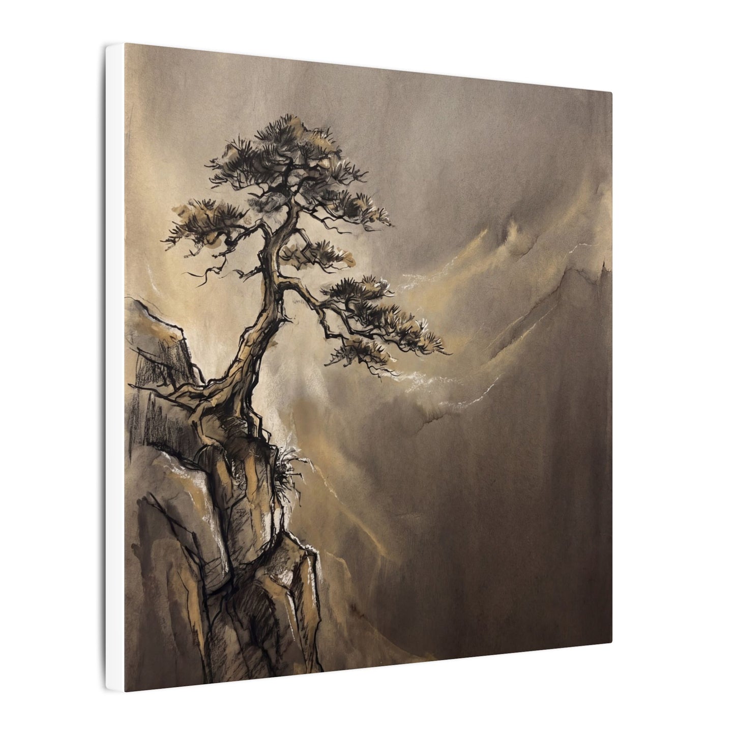 Pine Tree Charcoal Ink Canvas Art | Luxurious Dark Japandi Art