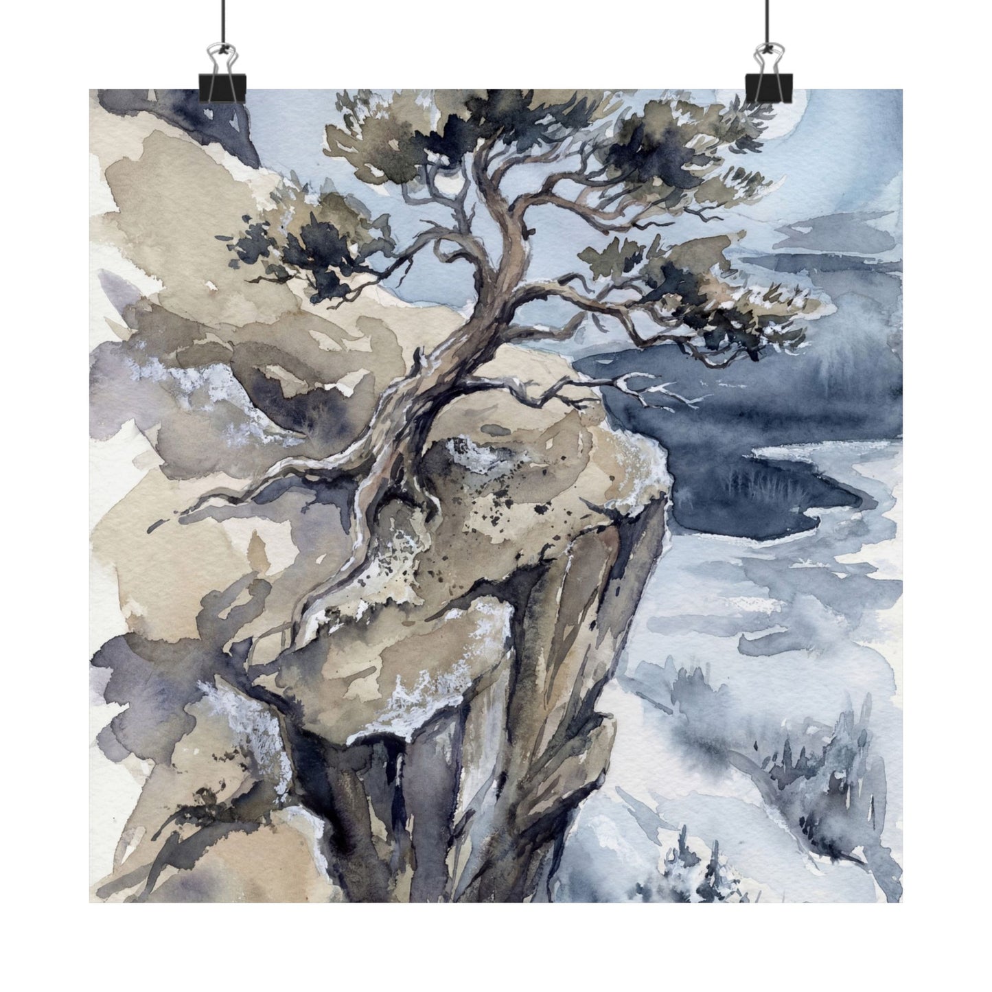 Japandi Pine Tree in Moonlight | Watercolor Wall Art Print Art Print