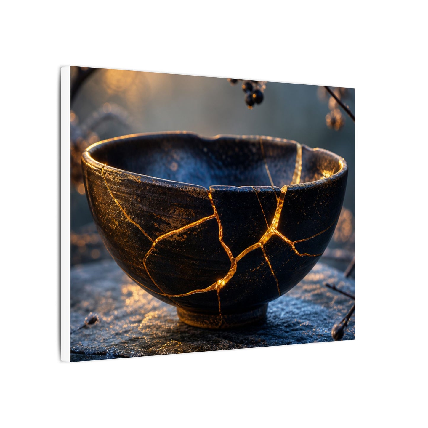 Ceramic Bowl Canvas Art | Winter Kintsugi Gold Repair Art