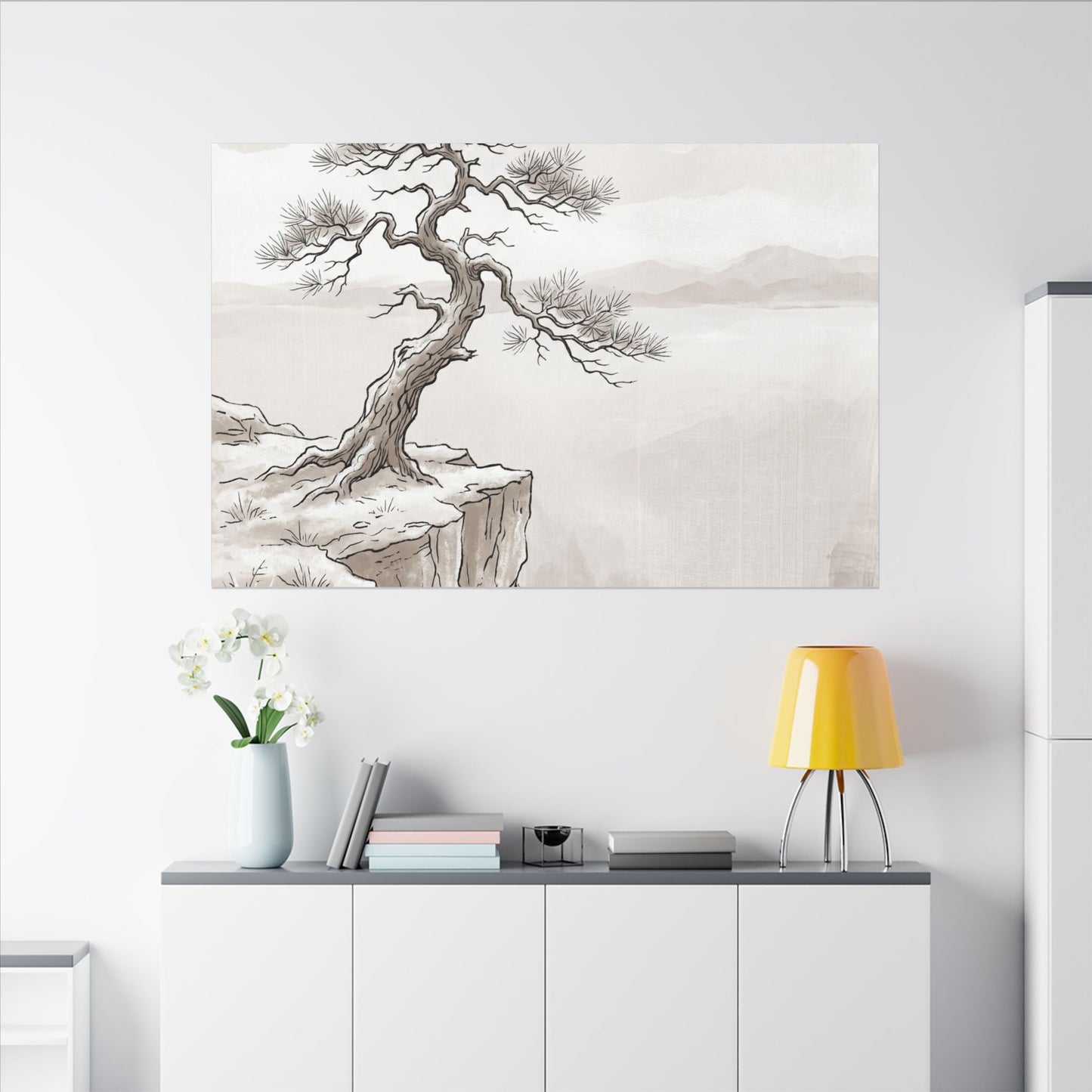 Neutral Pine Tree Canvas Art - Minimal Line Japandi