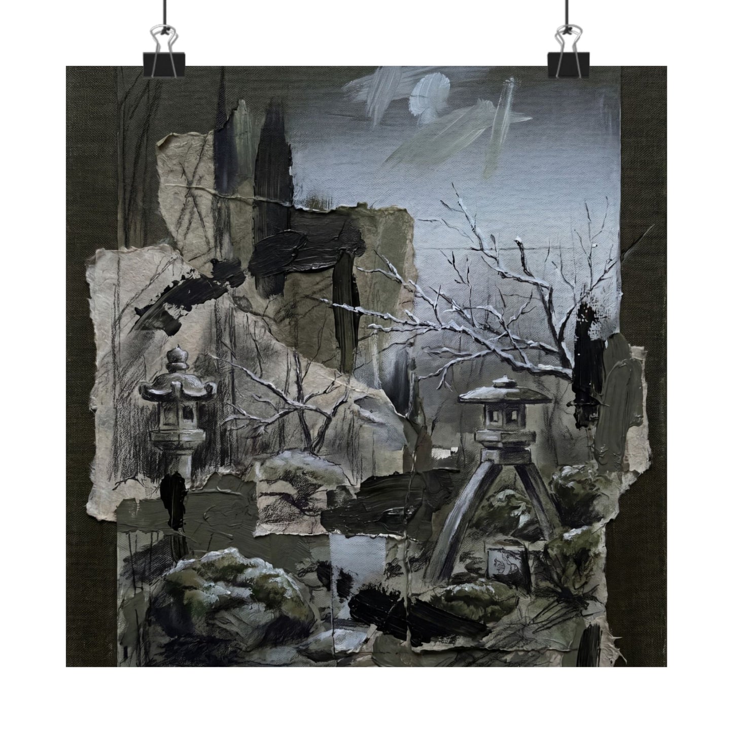 Moody Moonlit Garden Wall Art Print - Dark Texture Dark Japandi