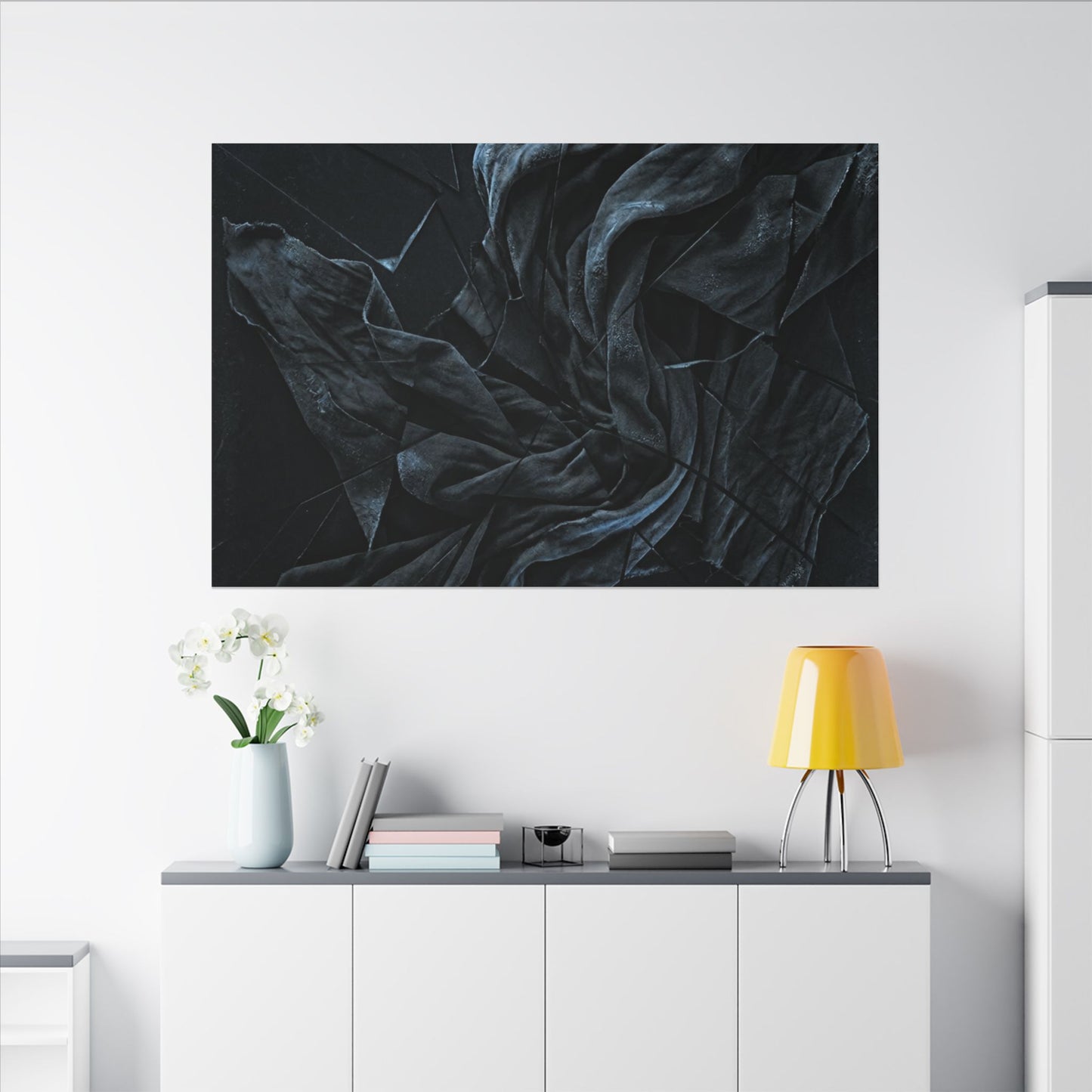 Dark Japandi Silk Drape in Moonlight | Moody Minimal Canvas Art