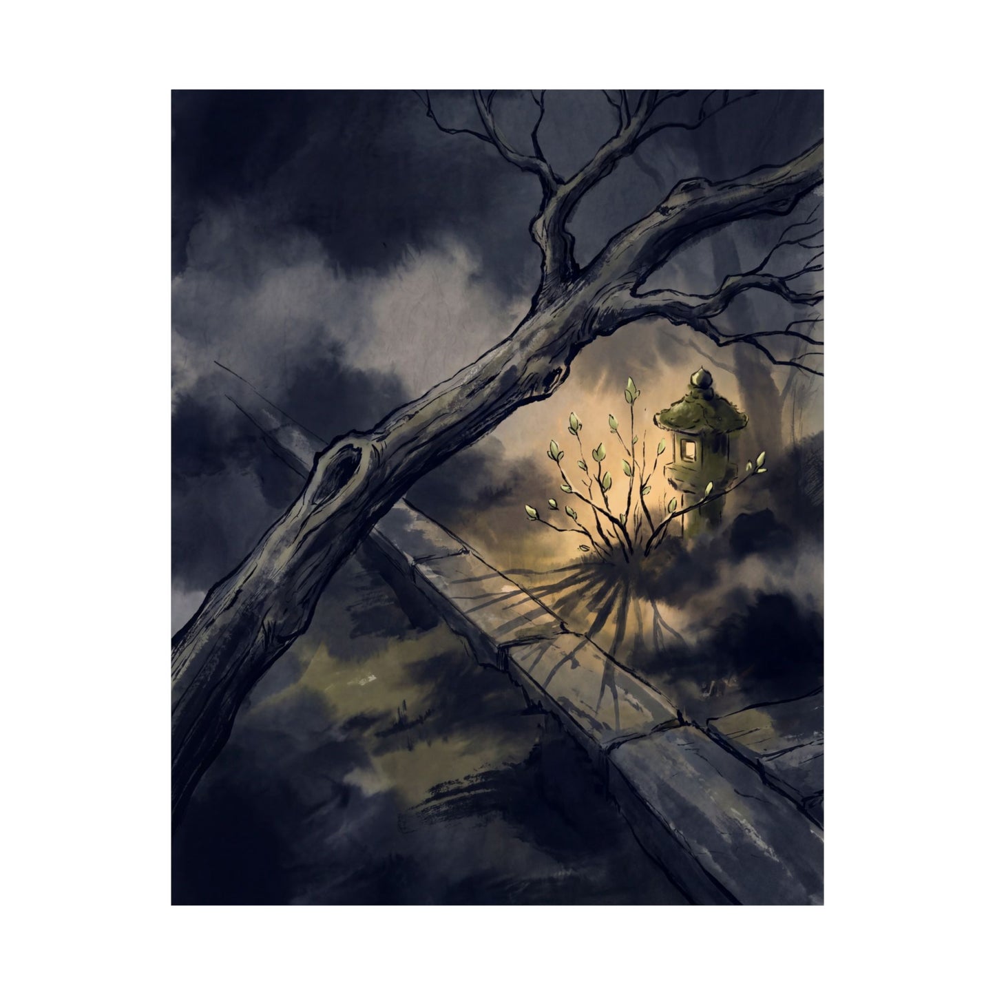 Golden Hour Moonlit Garden Wall Art Print - Dark Japandi Datsuzoku