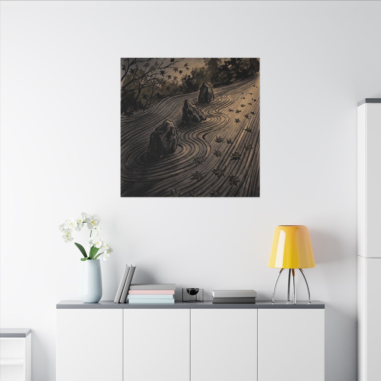 Rock Garden Canvas Art | Autumn Dark Japandi Charcoal Ink Art