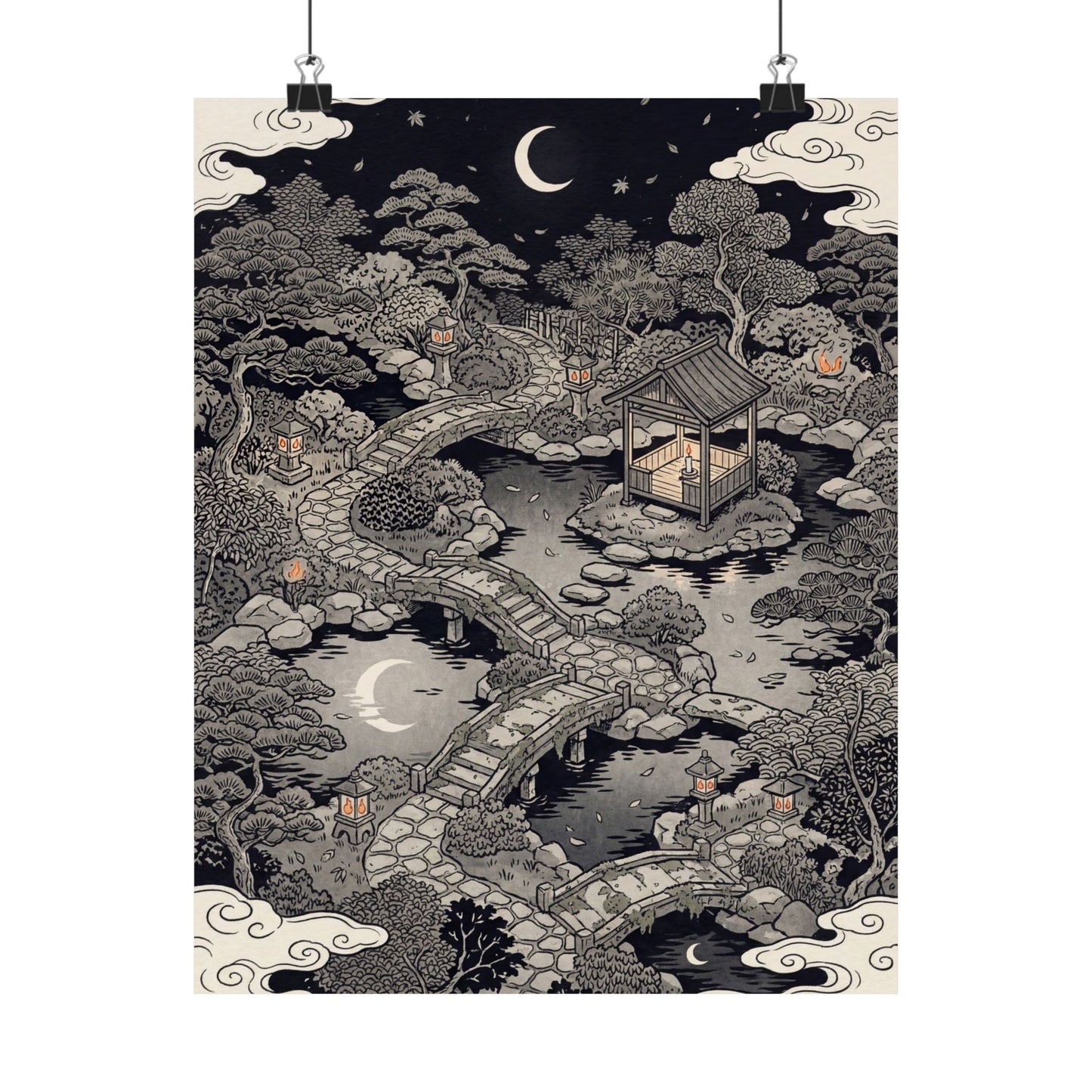 Summer Moonlit Garden Ukiyo E Inspired Wall Art Print | Serene Decor Art Print
