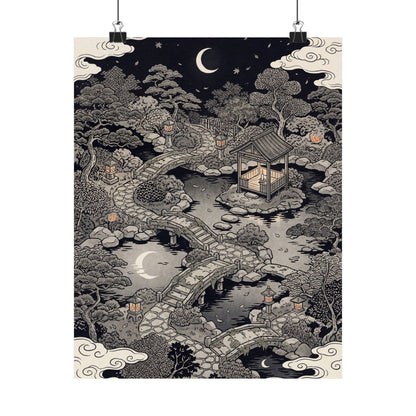 Summer Moonlit Garden Ukiyo E Inspired Wall Art Print | Serene Decor Art Print