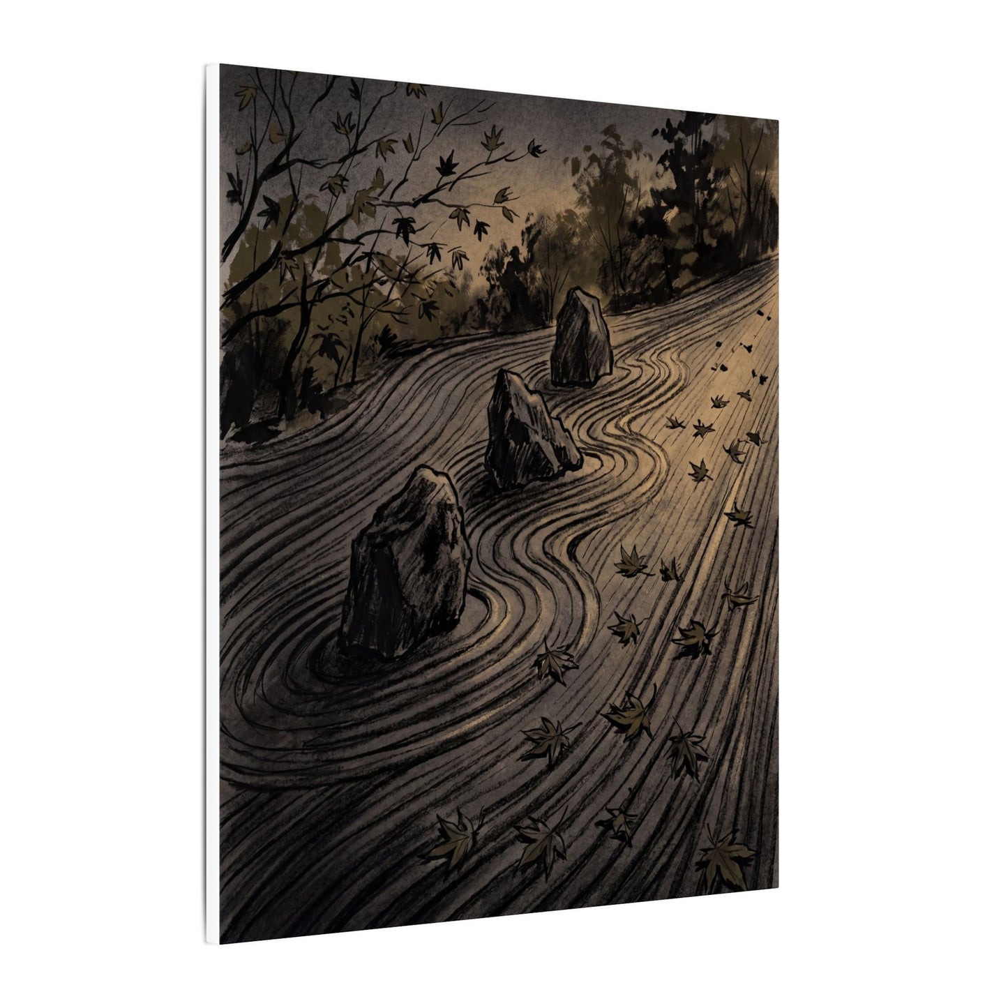 Rock Garden Canvas Art | Autumn Dark Japandi Charcoal Ink Art