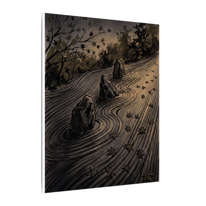 Rock Garden Canvas Art | Autumn Dark Japandi Charcoal Ink Art