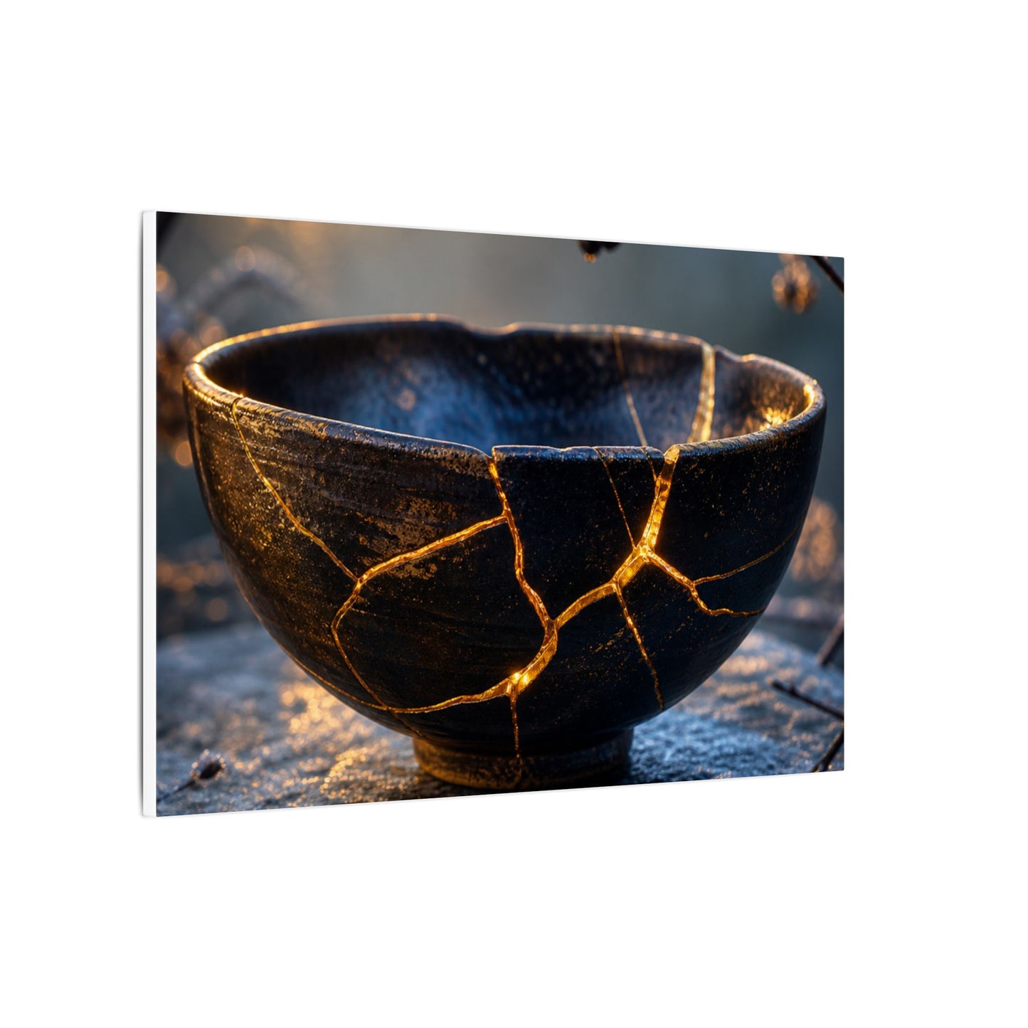 Ceramic Bowl Canvas Art | Winter Kintsugi Gold Repair Art