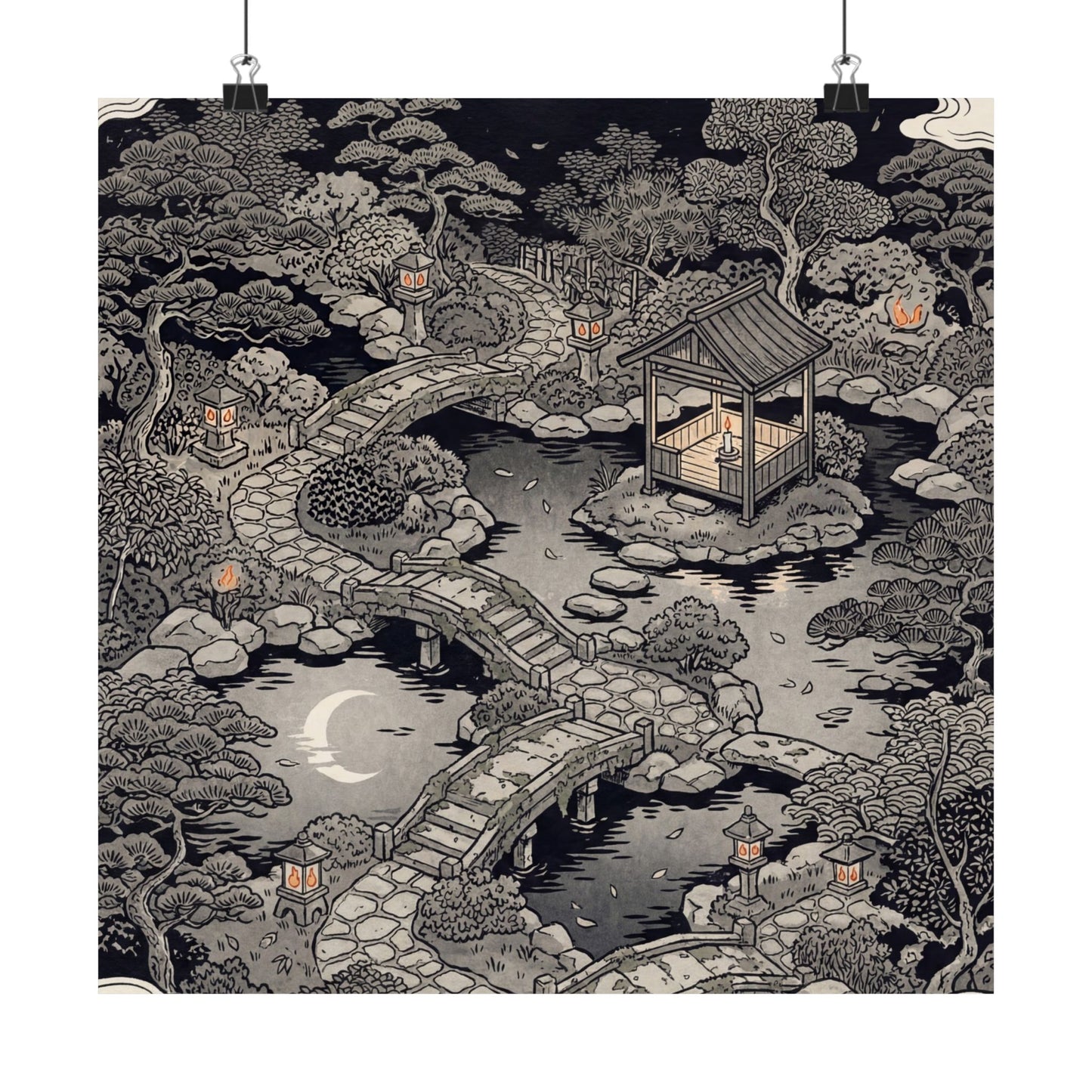 Summer Moonlit Garden Ukiyo E Inspired Wall Art Print | Serene Decor