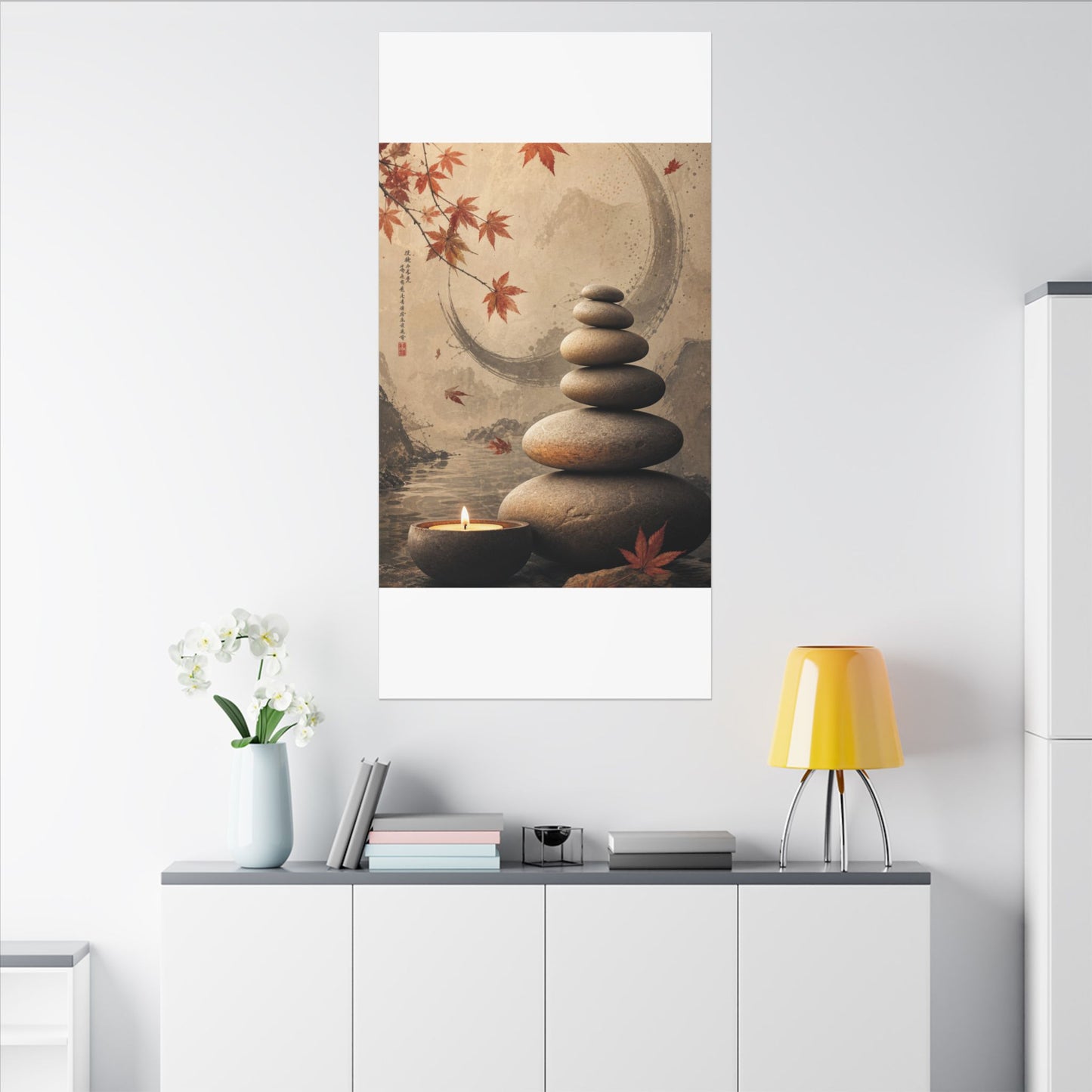 Japandi River Stones in Candlelight | Japanese Pattern Canvas Art