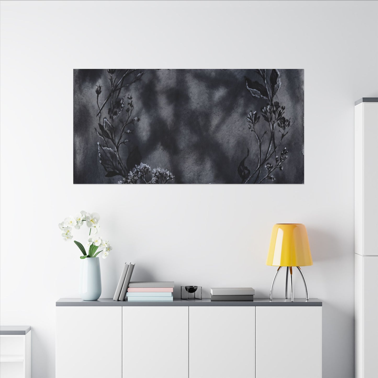 Dried Flowers Canvas Art | Winter Dark Japandi Shadow Zen Art