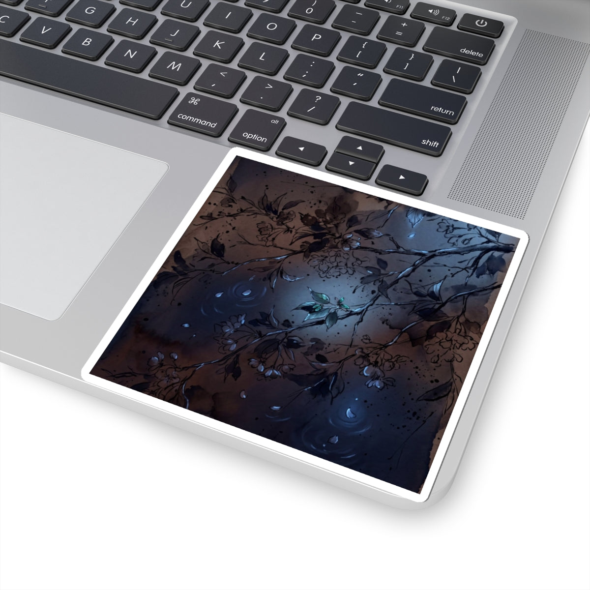 Dark Japandi Cherry Blossom in Moonlight | Charcoal Ink Sticker