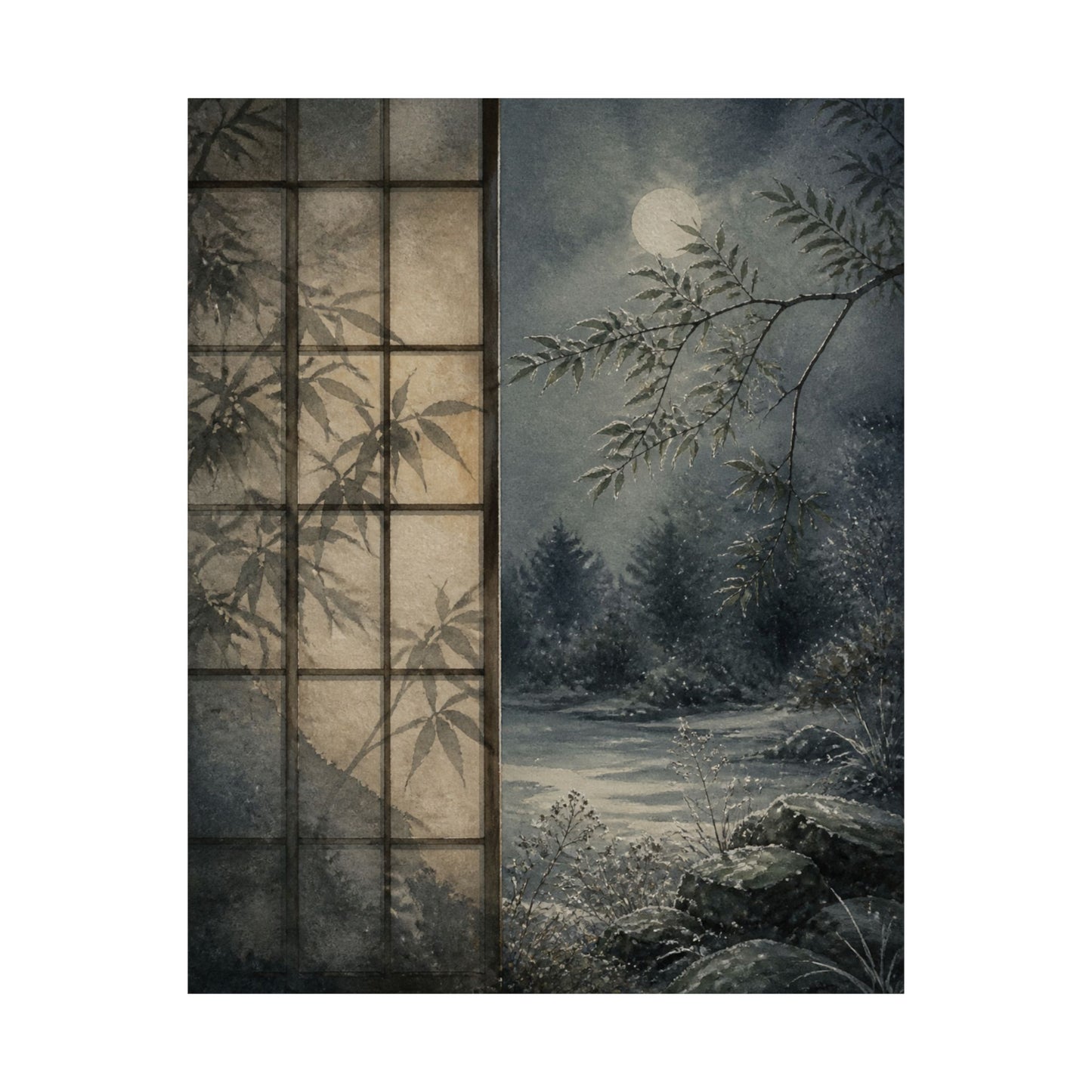 Winter Shoji Screen Watercolor Wall Art Print | Elegant Decor