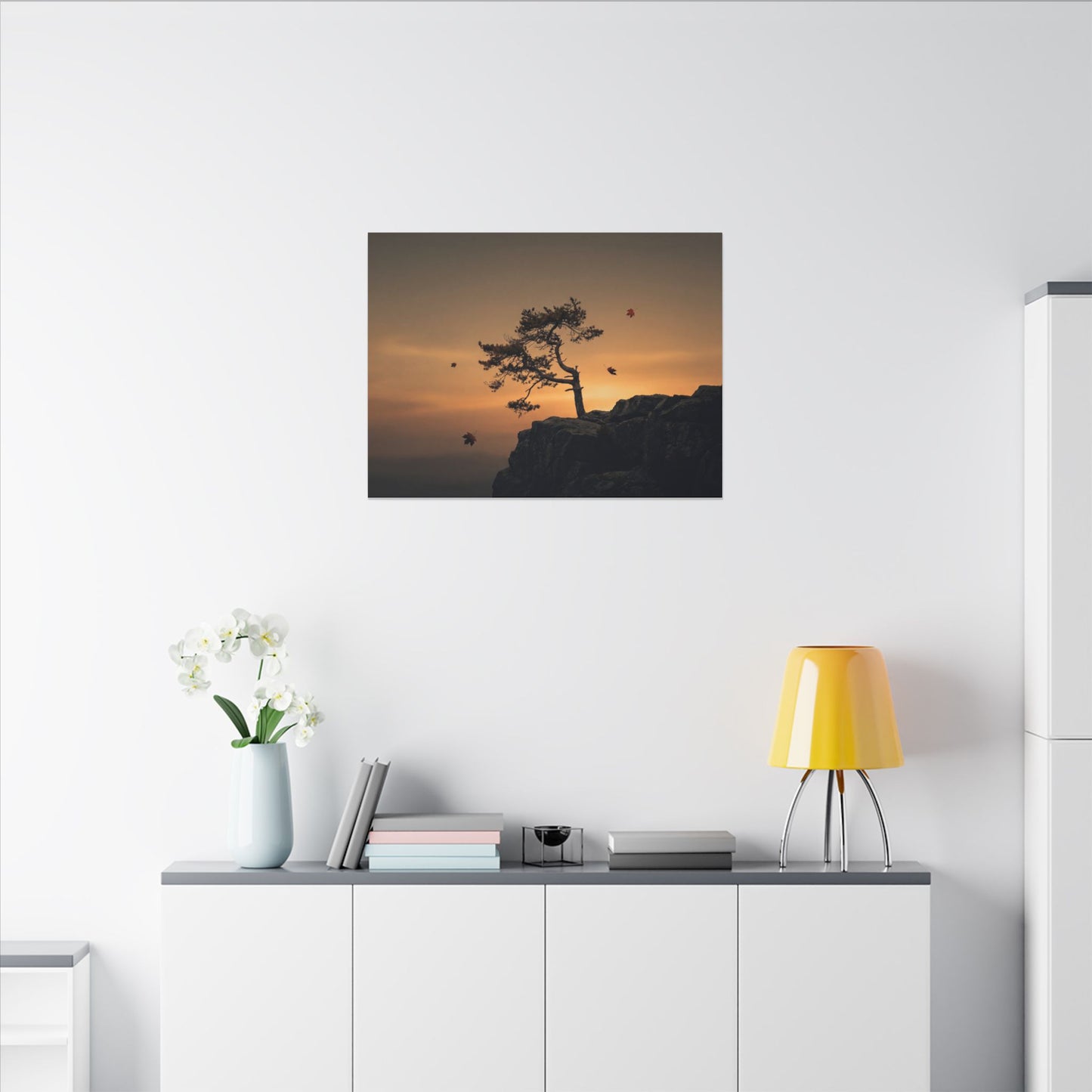 Dark Japandi Pine Tree in Golden Hour | Moody Minimal Canvas Art