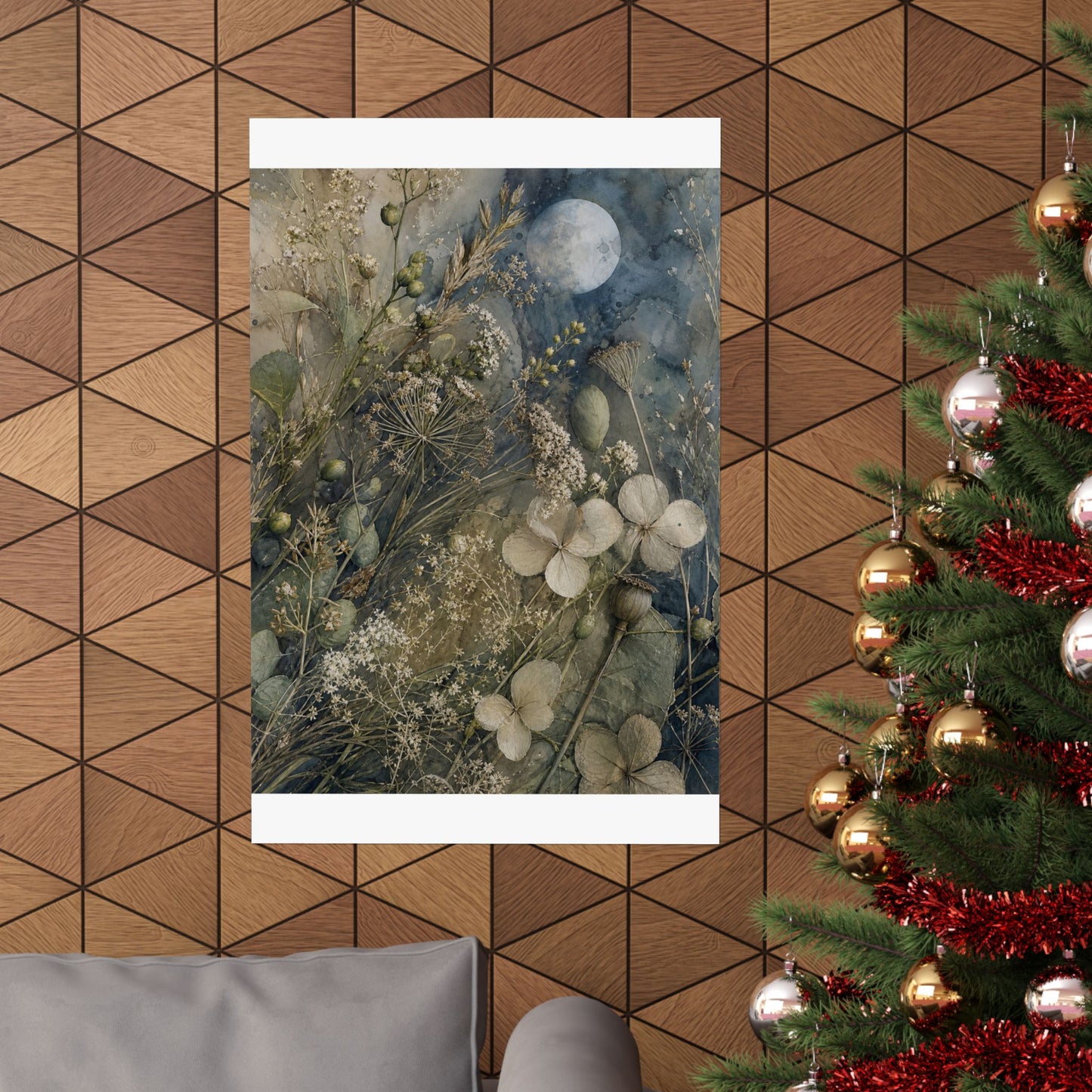 Japandi Dried Flowers in Moonlight | Watercolor Wall Art Print