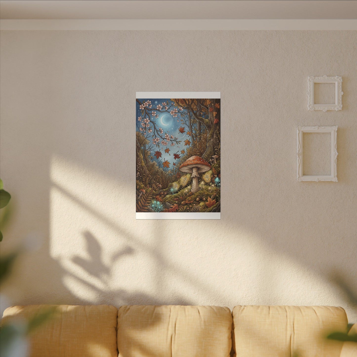 Autumn Cherry Blossom Mushroom Illustration Canvas Art | Enchanting Decor