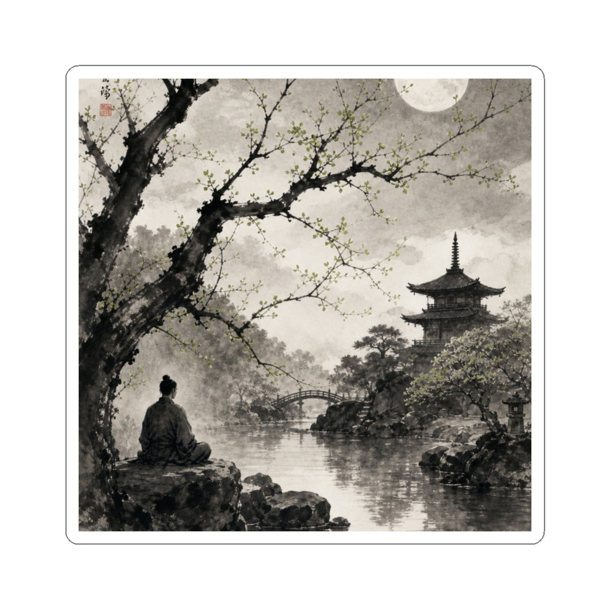 Zen Moonlit Garden in Dawn | Sumi E Sticker
