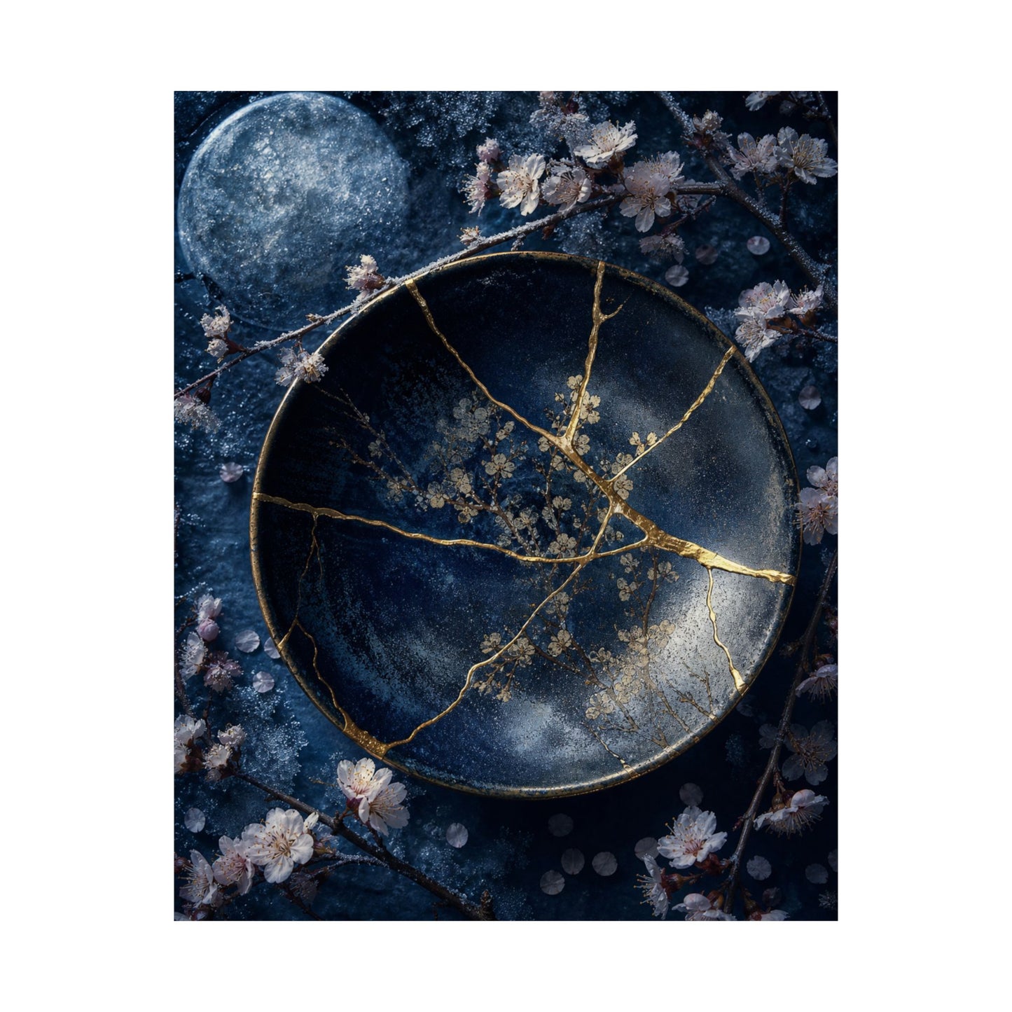 Kintsugi Cherry Blossom in Moonlight | Gold Repair Wall Art Print