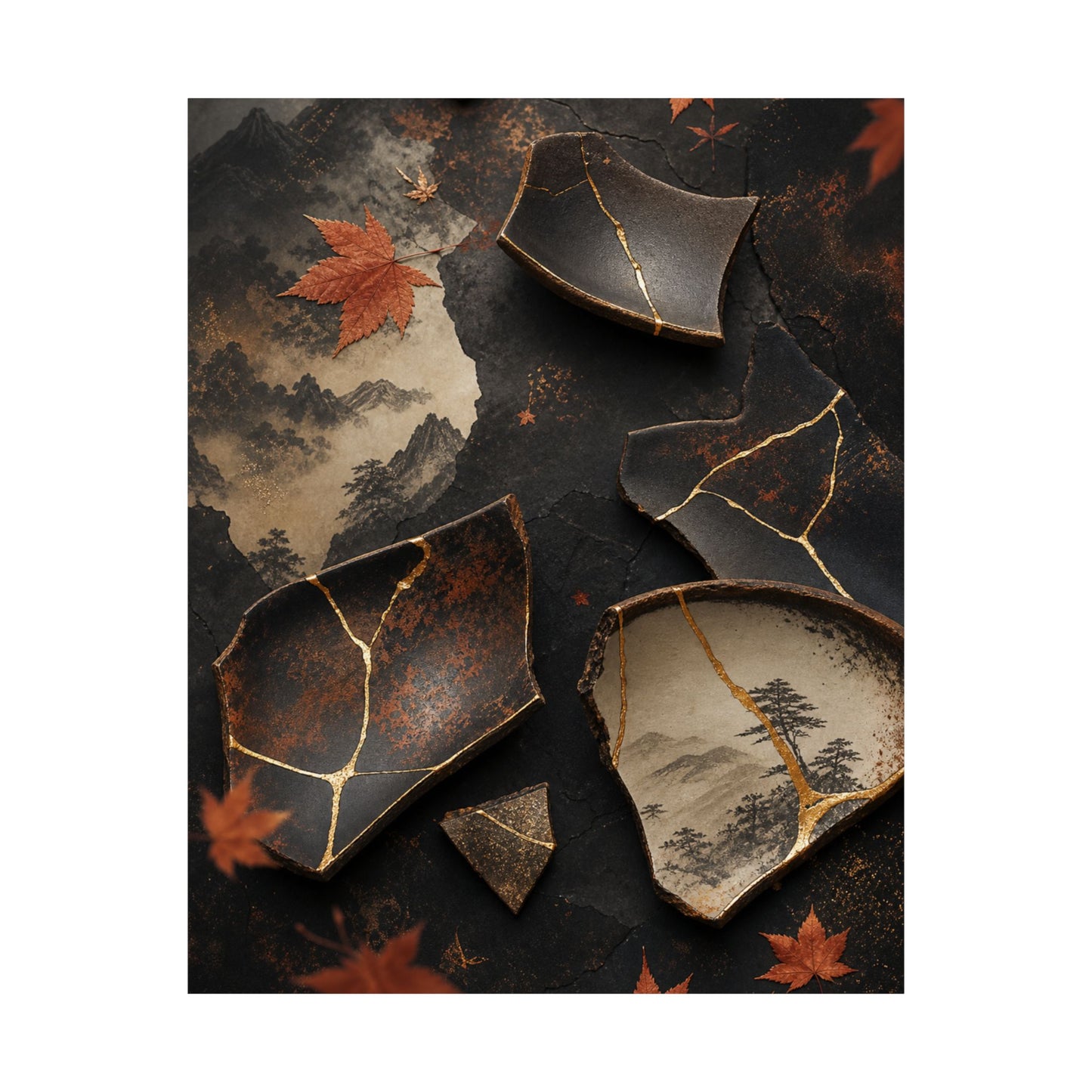 Broken Pottery Wall Art Print | Autumn Kintsugi Gold Vein Art