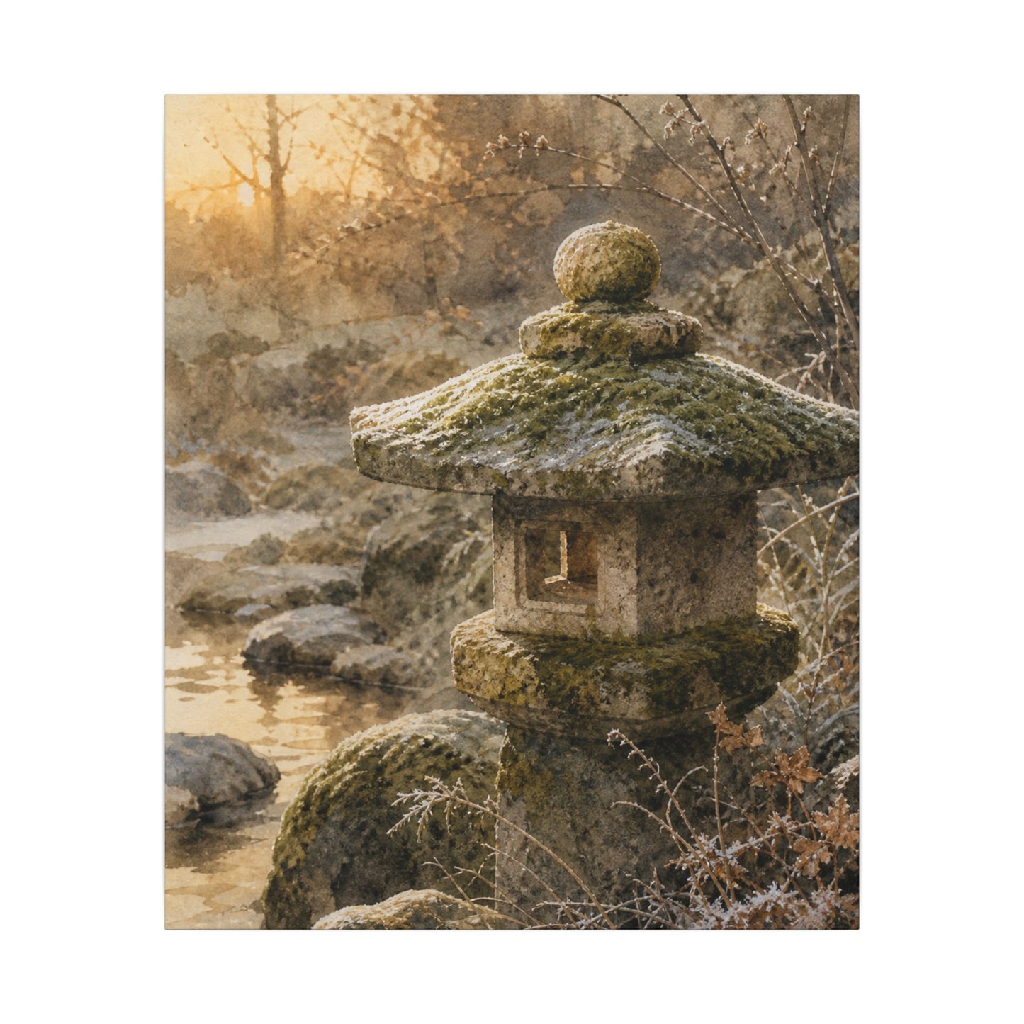Winter Stone Lantern Watercolor Canvas Art | Earthy Decor