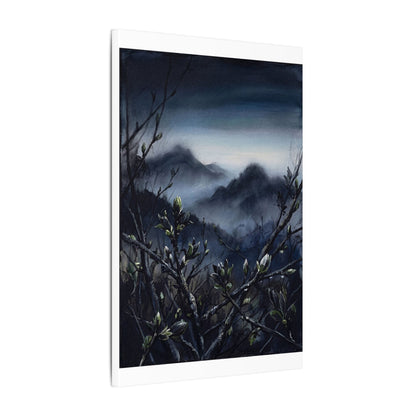 Mountain Mist Spring Canvas Art | Dark Japandi Atmospheric Design
