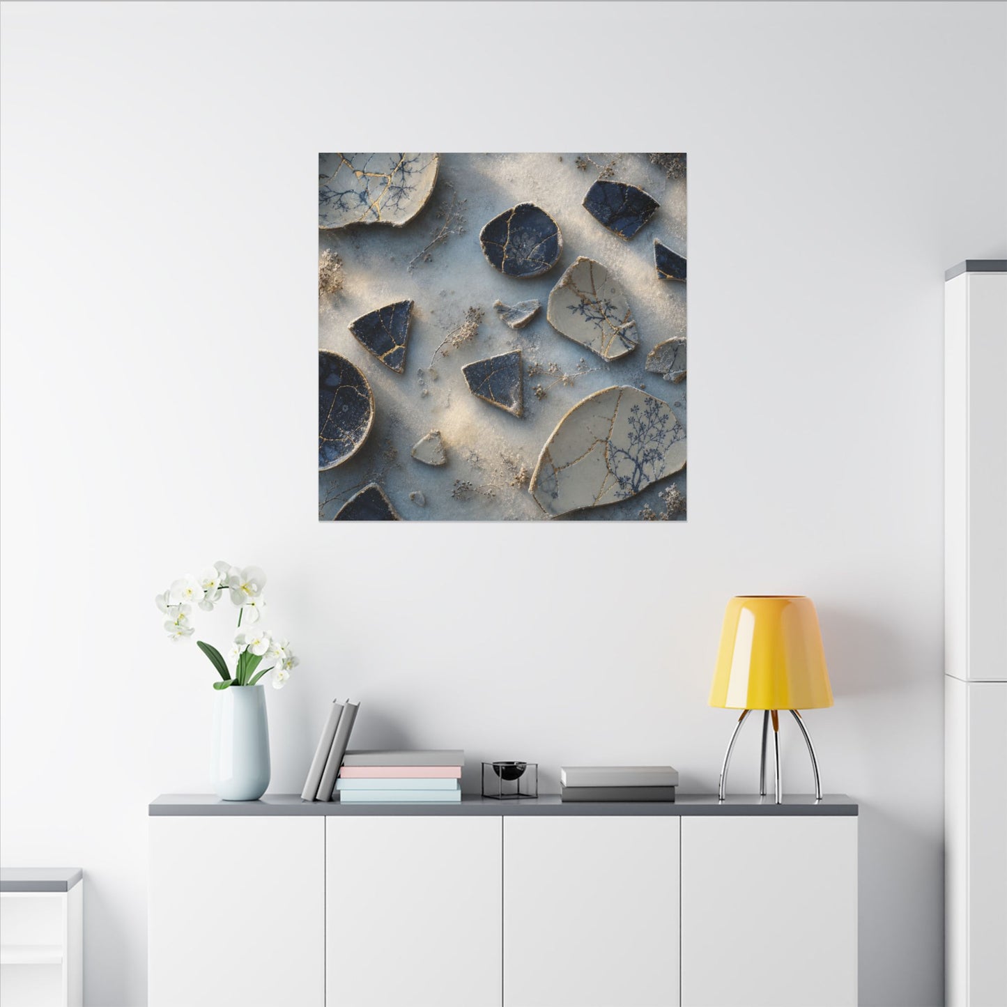 Broken Pottery Canvas Art | Winter Kintsugi Gold Vein Art
