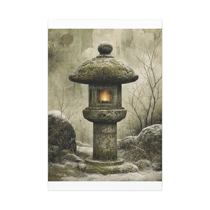 Stone Lantern Winter Canvas Art | Japandi Neutral Design