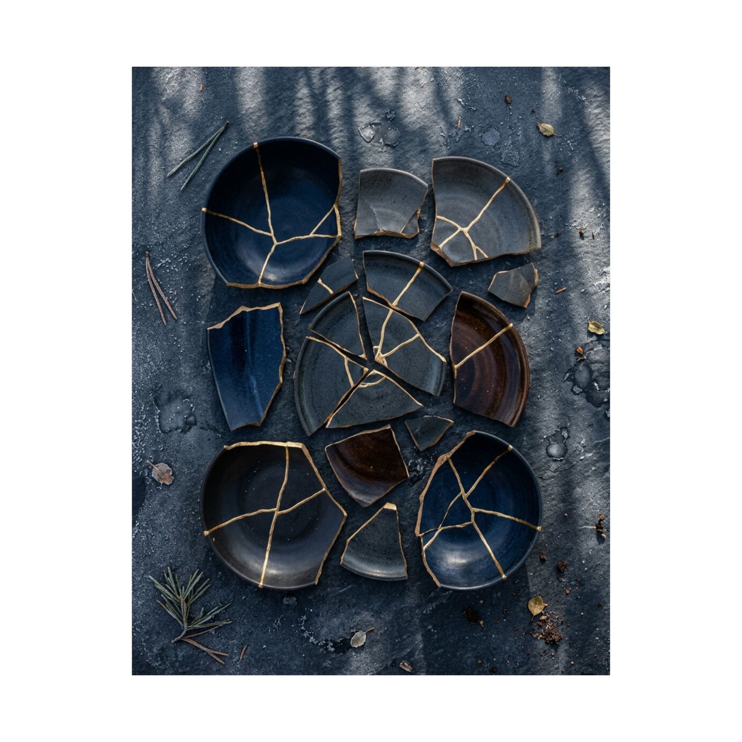Broken Pottery Wall Art Print | Winter Dark Japandi Shadow Zen Art