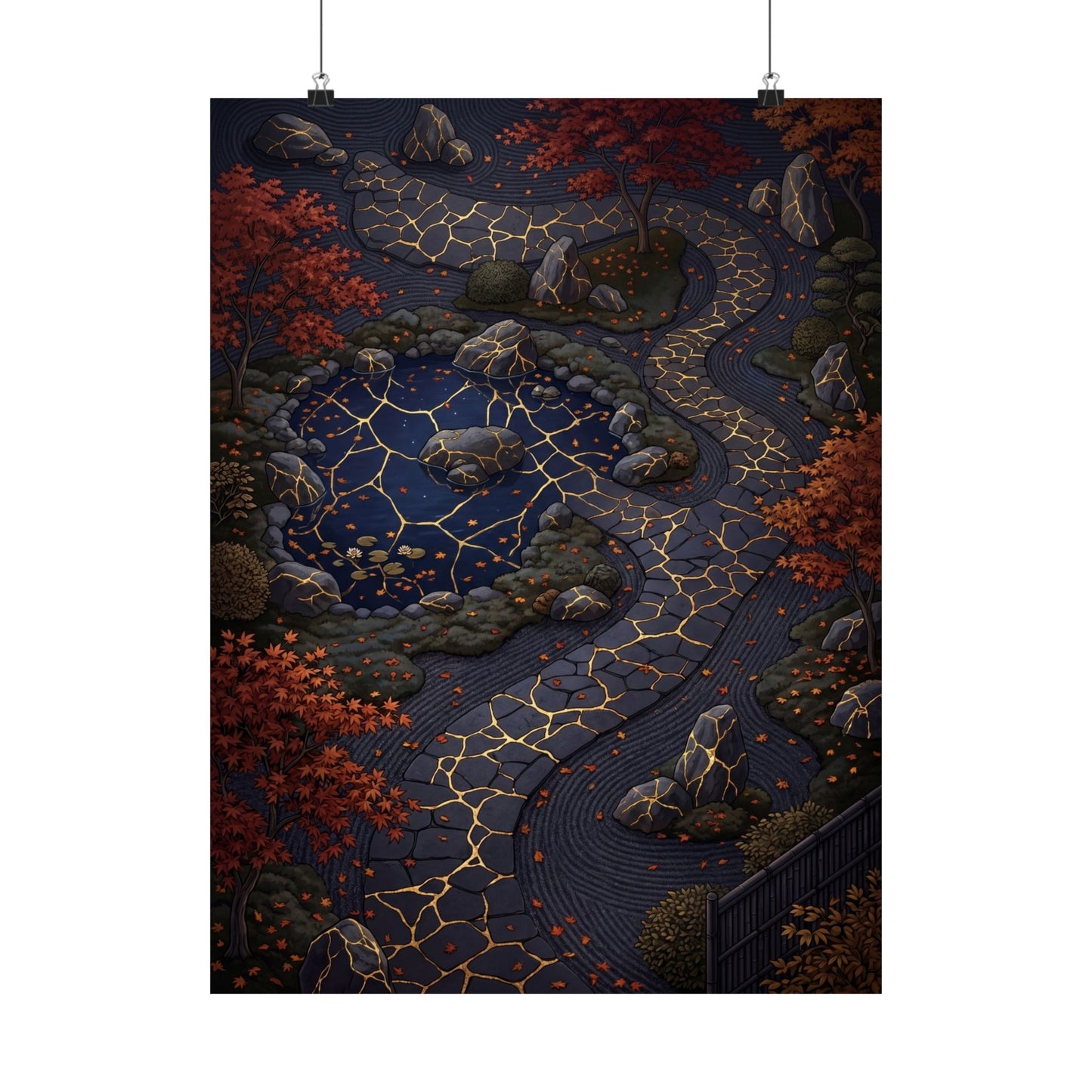Moonlit Garden Wall Art Print | Autumn Kintsugi Gold Vein Art