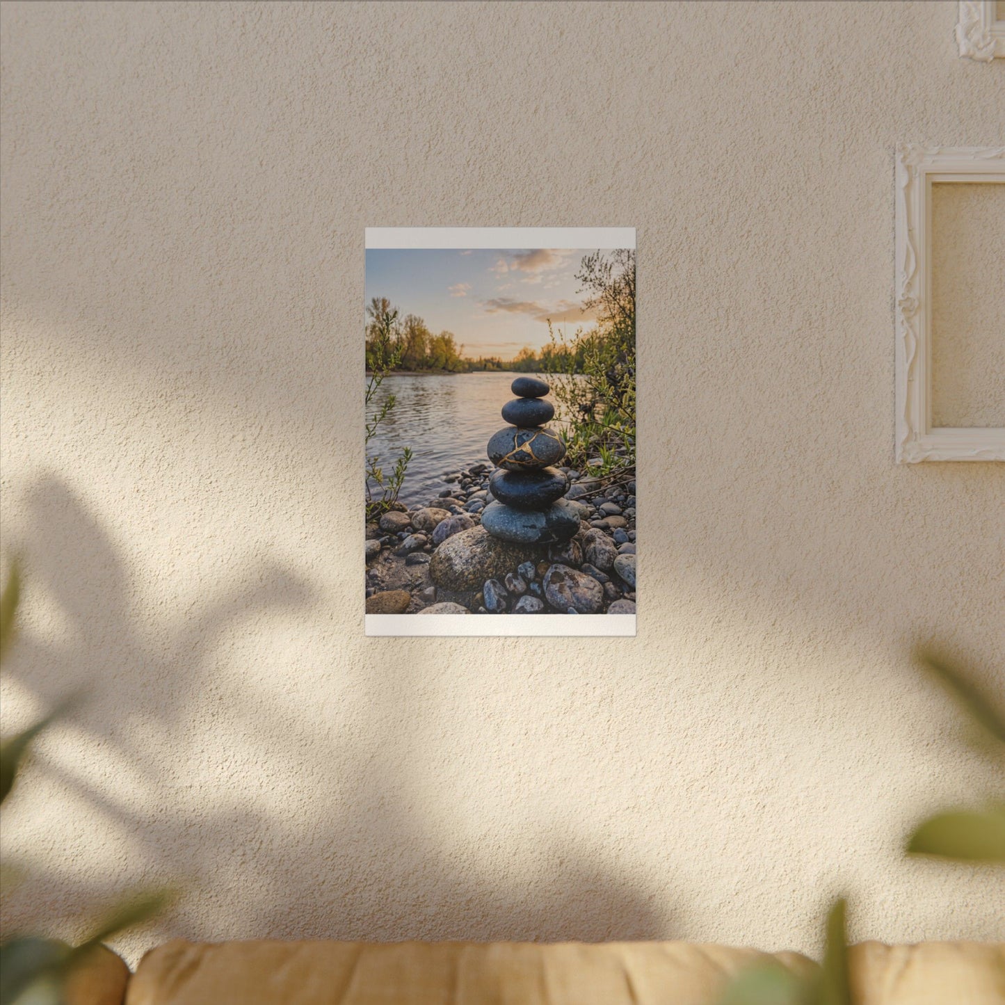 Kintsugi River Stones in Golden Hour | Gold Vein Canvas Art