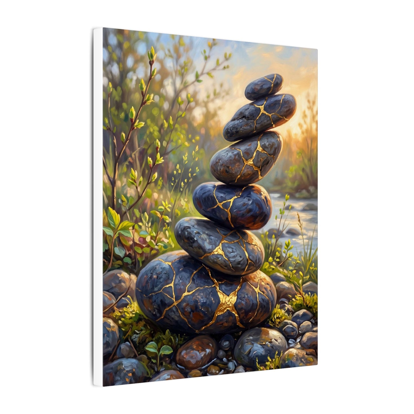 Spring River Stones Gold Repair Canvas Art | Healing Decor