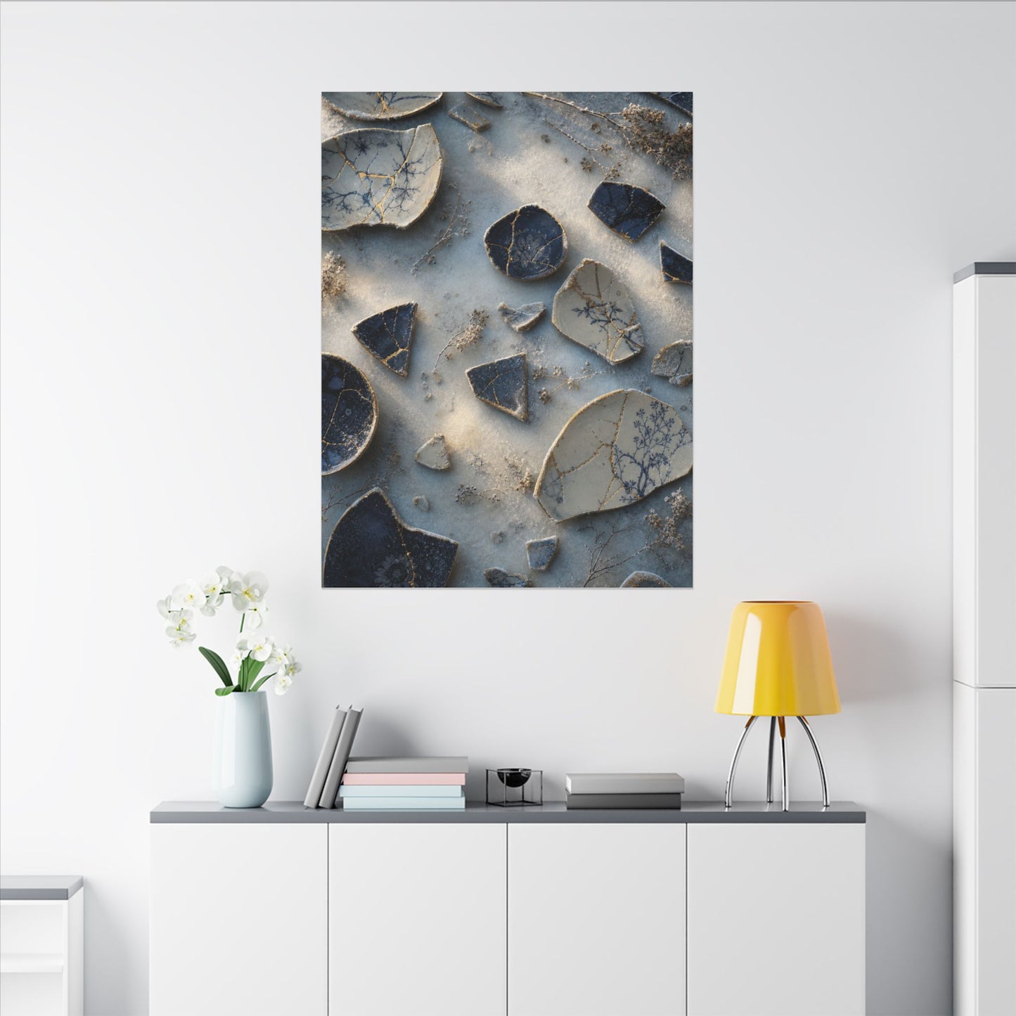 Broken Pottery Canvas Art | Winter Kintsugi Gold Vein Art