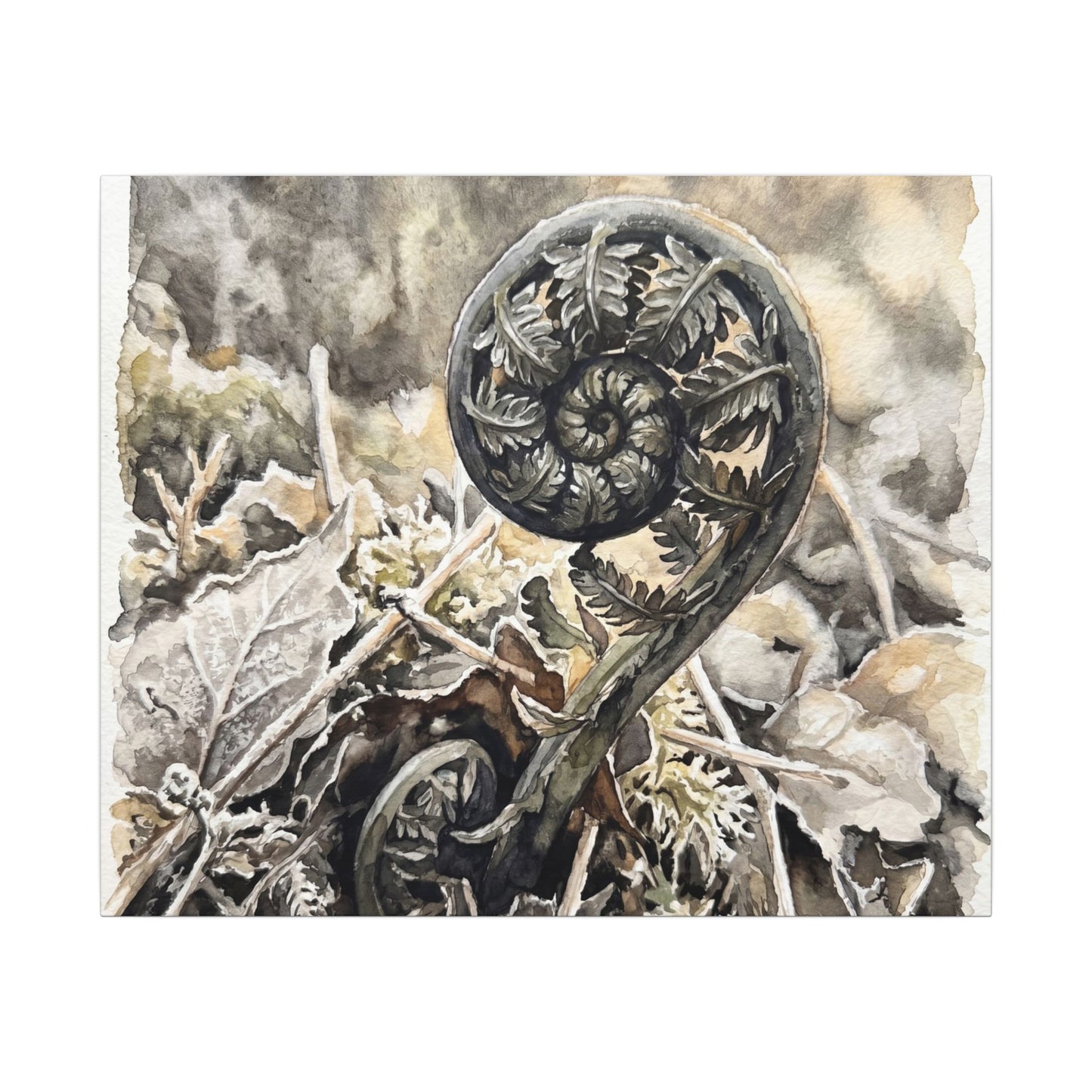 Japandi Fern Unfurling in Golden Hour | Watercolor Canvas Art