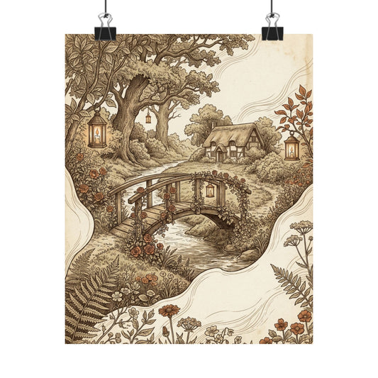 Wooden Bridge Vintage Botanical Wall Art Print | Enchanting Cottagecore Art