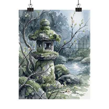 Japandi Stone Lantern in Moonlight | Watercolor Wall Art Print