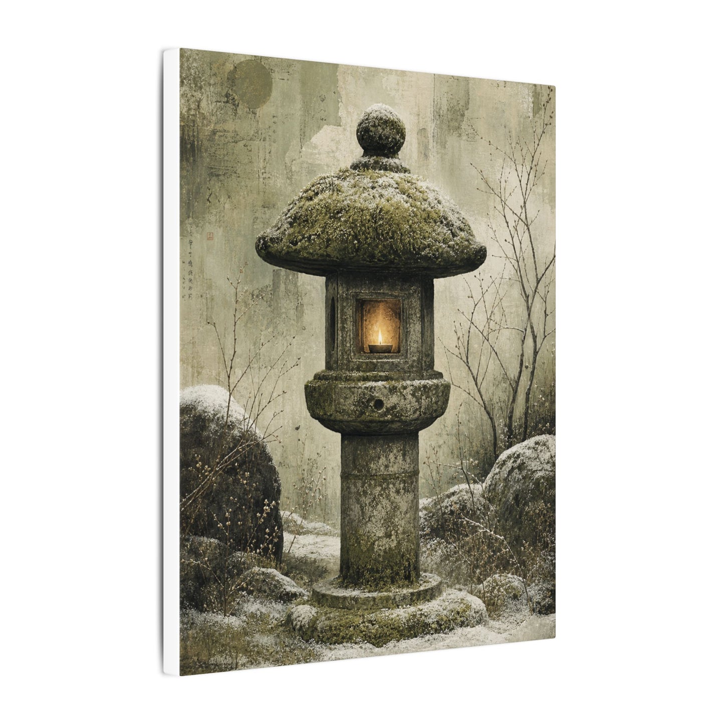 Stone Lantern Winter Canvas Art | Japandi Neutral Design