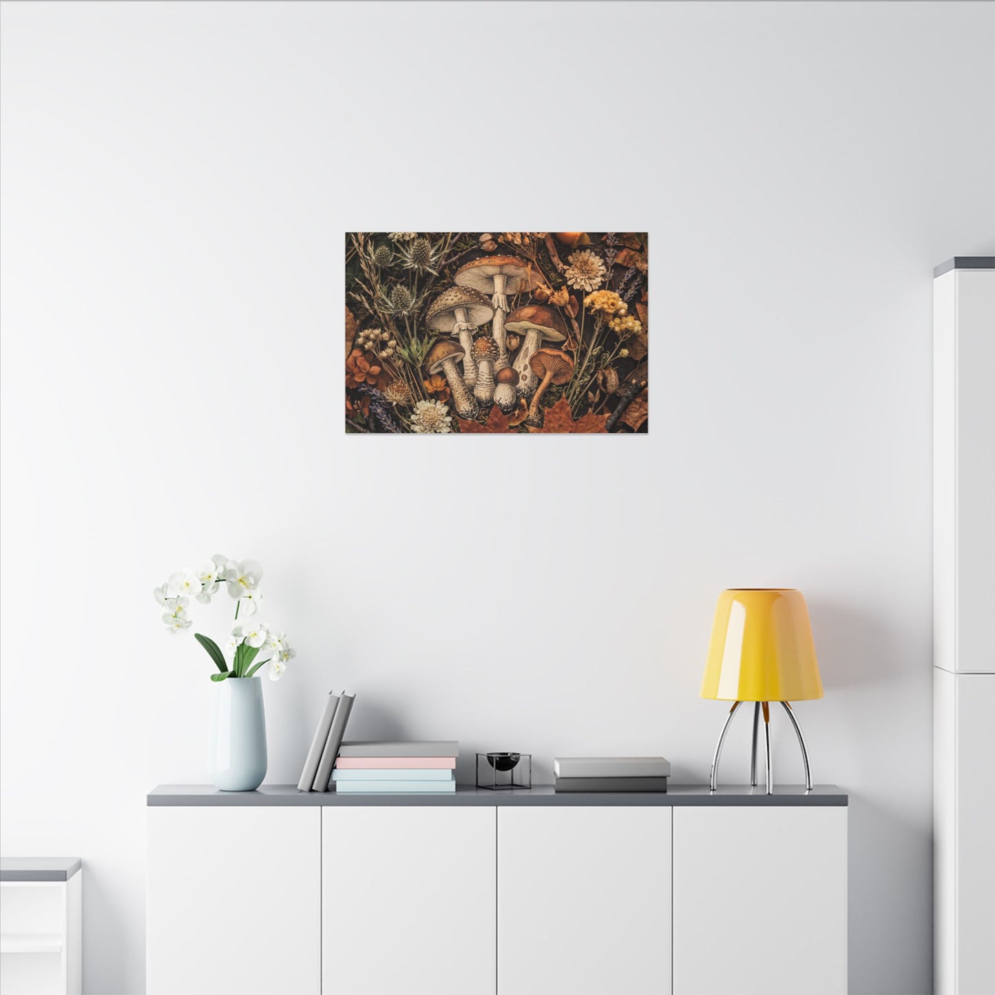 Autumn Dried Flowers Mushroom Illustration Canvas Art | Earthy Decor