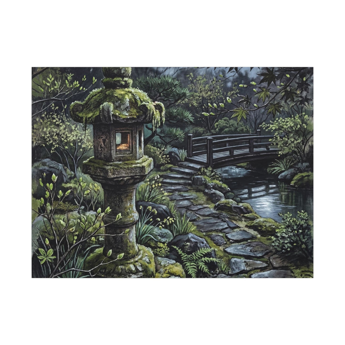 Japandi Stone Lantern in Moonlight | Texture Canvas Art
